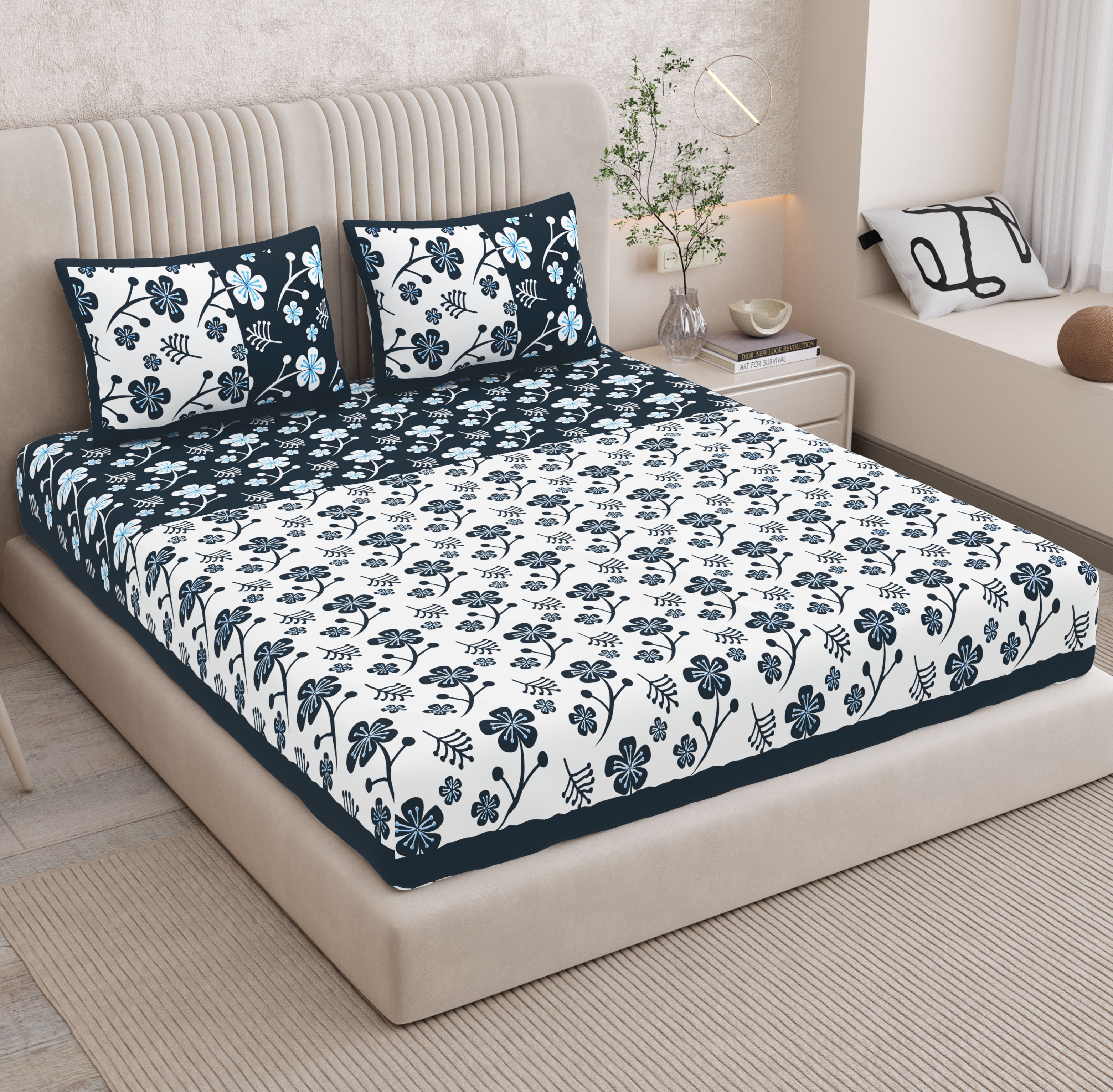 Cotton Double Flat 144 TC Jaipuri Prints 1 Bedsheet with 2 Pillow Covers-image-22