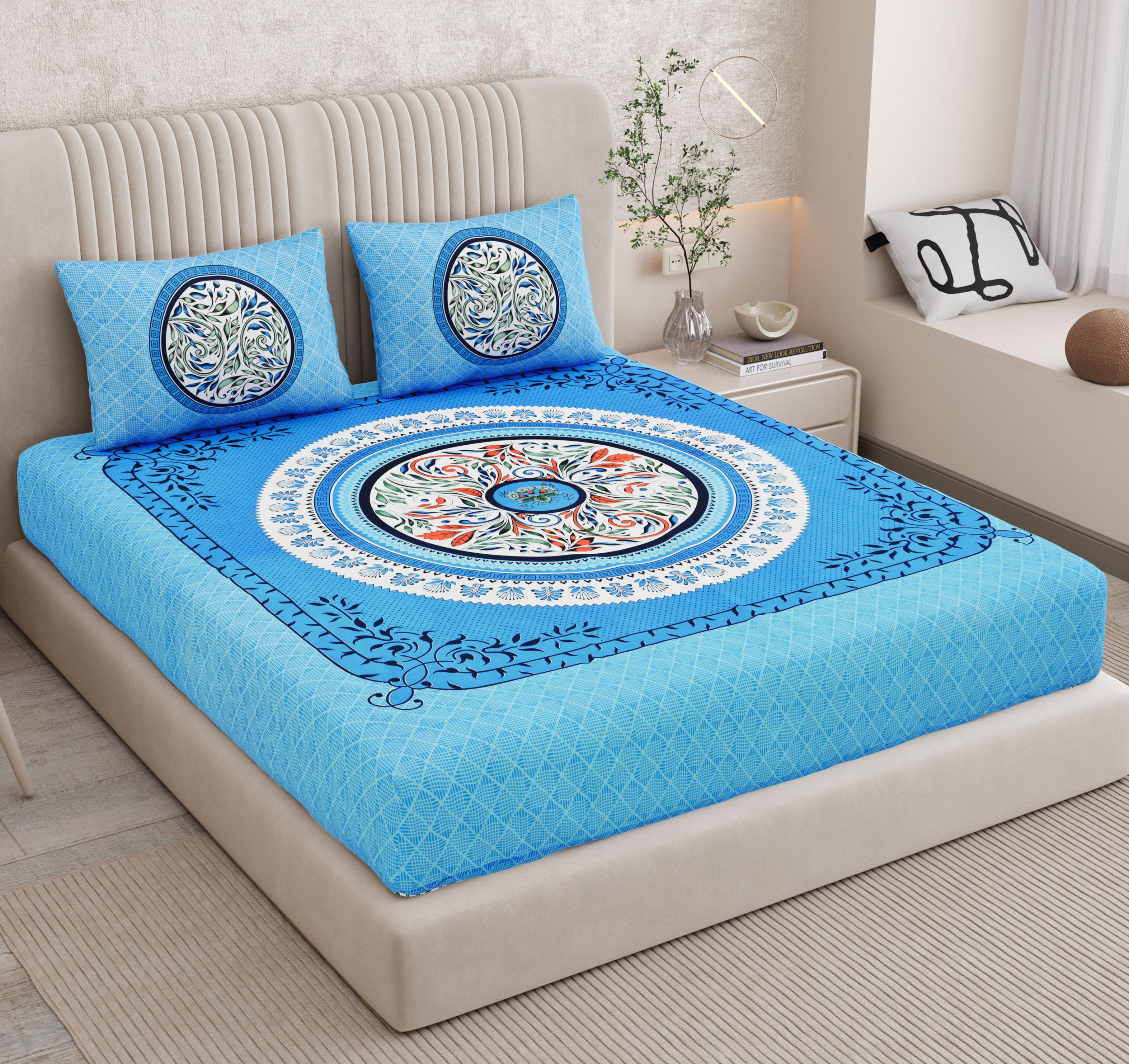 Cotton Double Flat 144 TC Jaipuri Prints 1 Bedsheet with 2 Pillow Covers-image-21