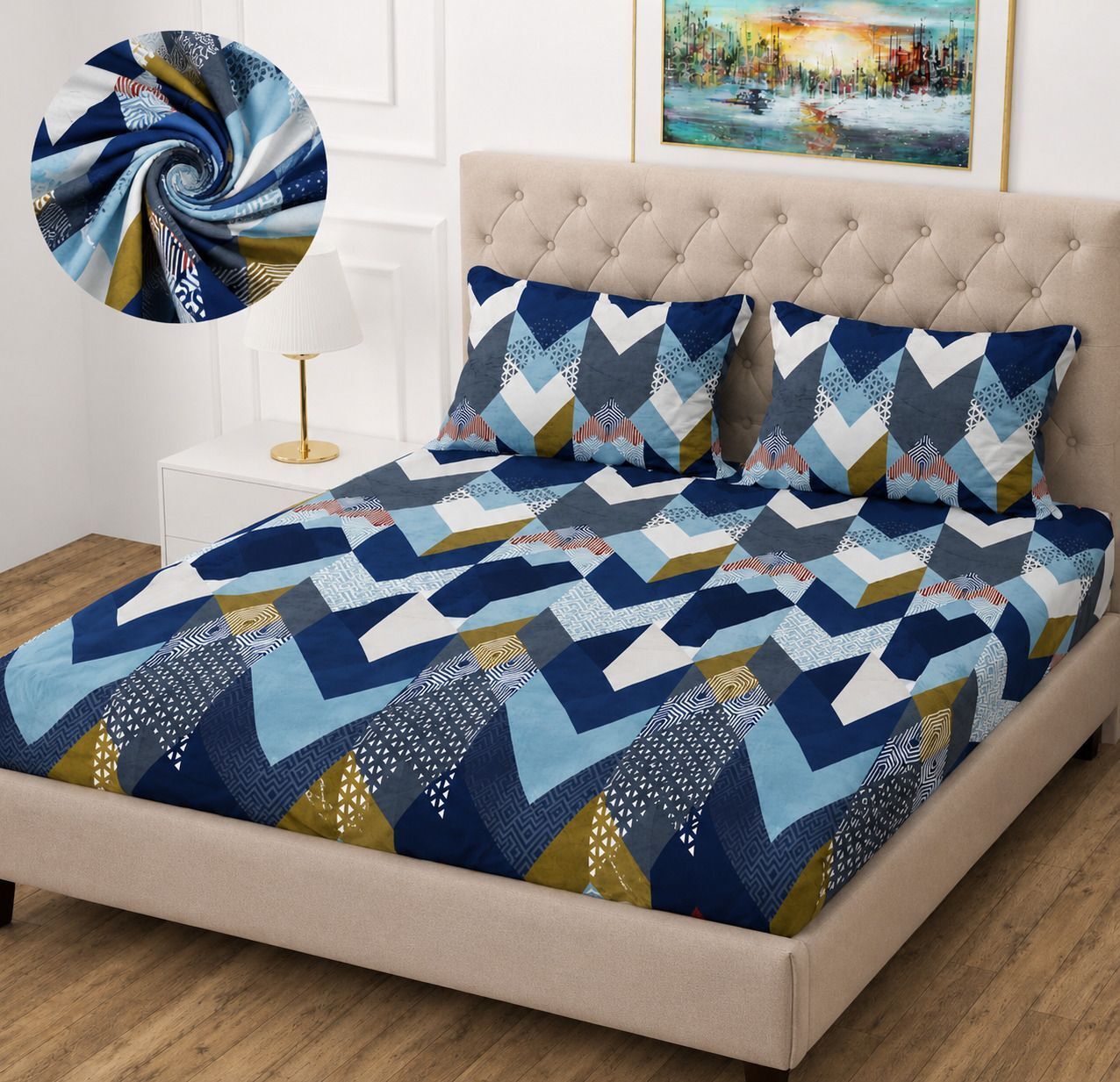 Cotton Blend Double Fitted (Elastic) 300 TC Floral 1 Summer Bedsheet with 2 Pillow Covers, 2 Cushion Covers-image-8