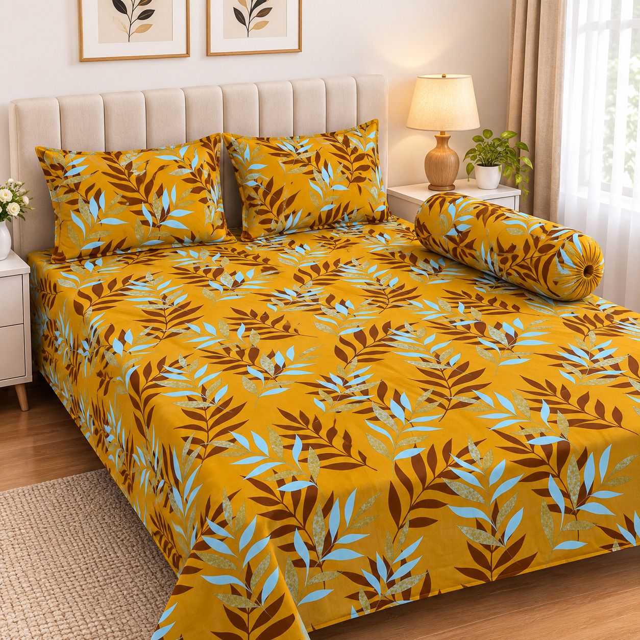 Bamboo Cotton, Cotton, Cotton Blend, Linen Cotton, Polycotton Double Flat 300 TC Printed 1 Summer Bedsheet with 3 Pillow Covers-image-25