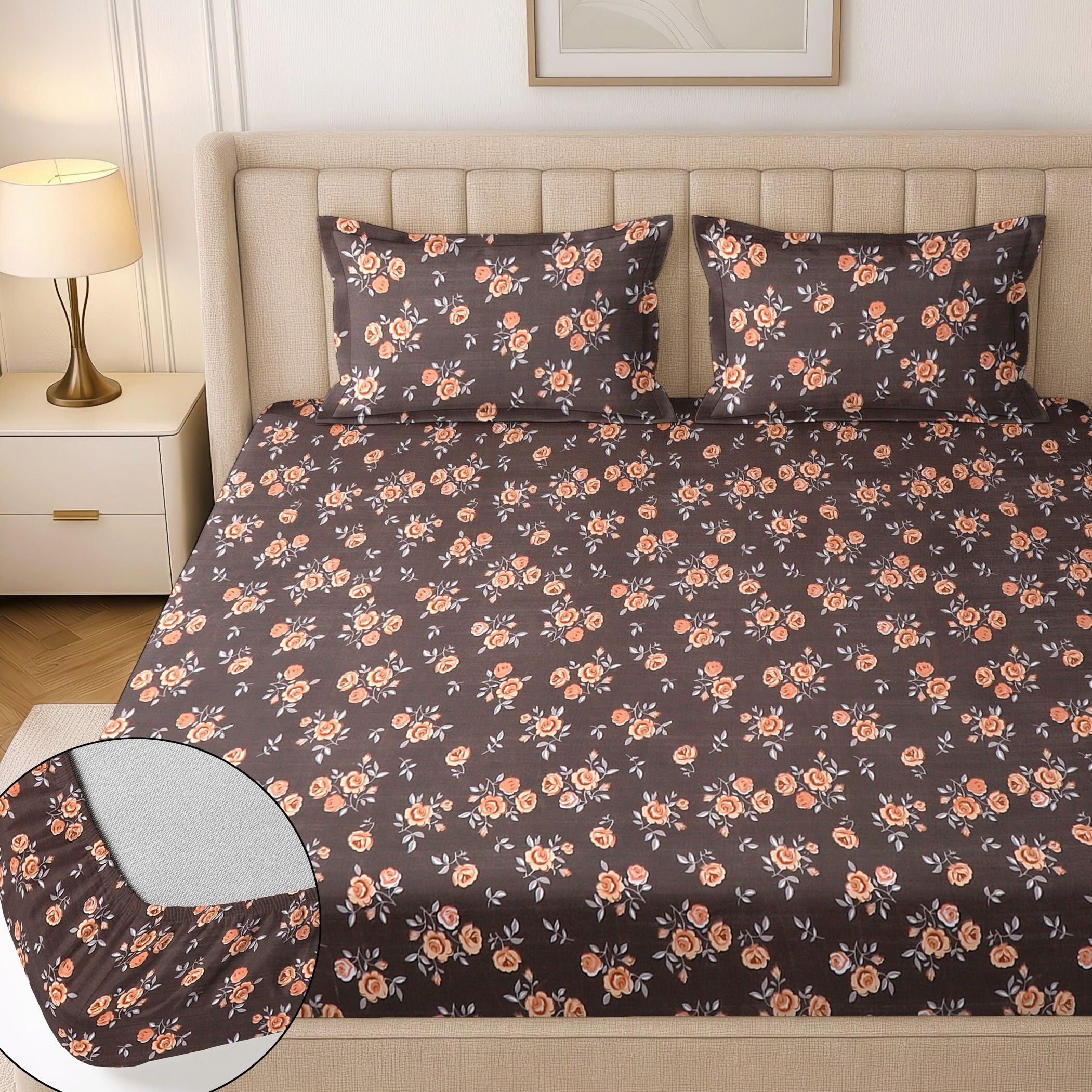flipkart smartbuy Cotton King Fitted (Elastic) 244 TC Floral 1 Summer Bedsheet with 2 Pillow Covers-picture-28