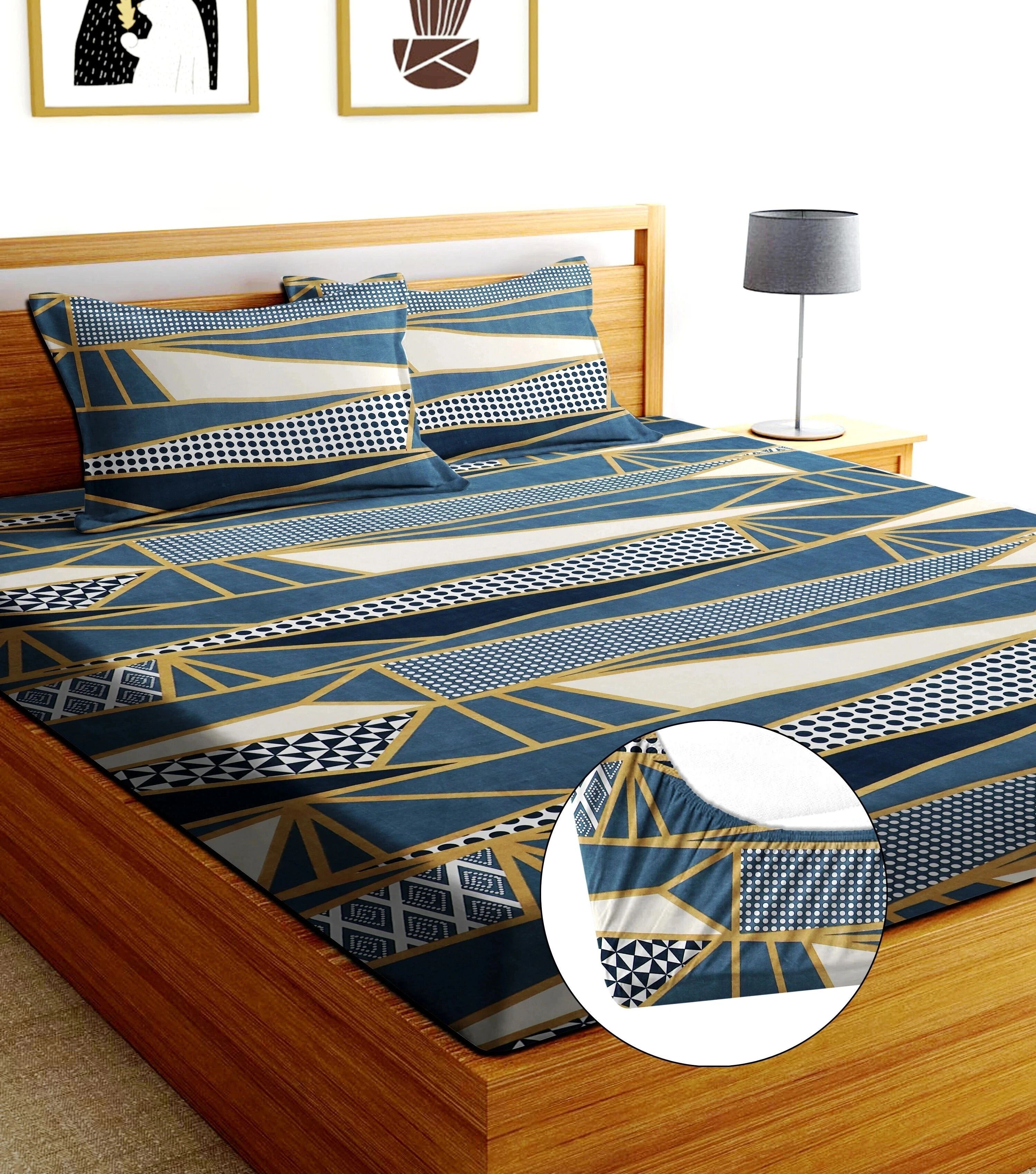 bm decor Cotton Double Fitted (Elastic) 244 TC Printed 1 Summer Bedsheet with 2 Pillow Covers-picture-24