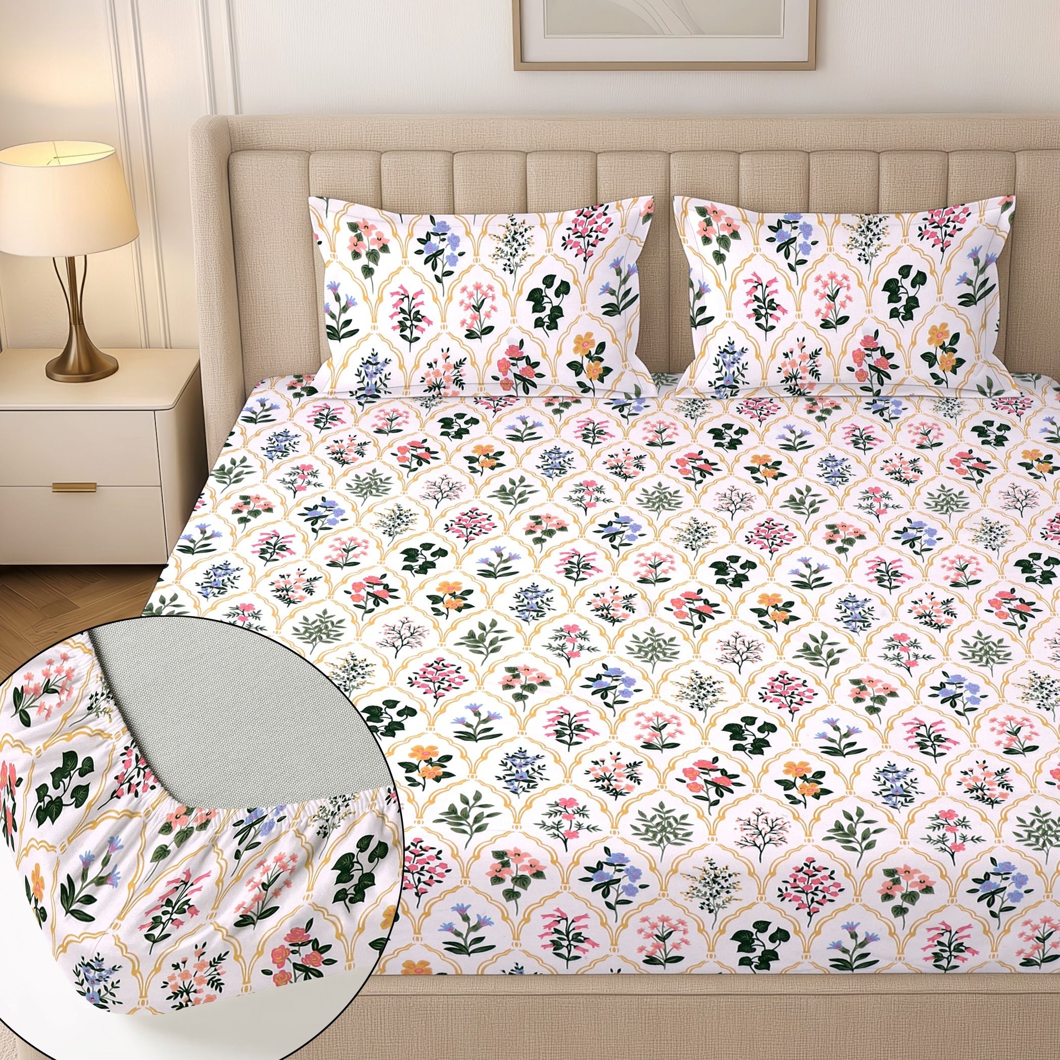 Cotton King Fitted (Elastic) 244 TC Floral 1 Summer Bedsheet with 2 Pillow Covers-image-37