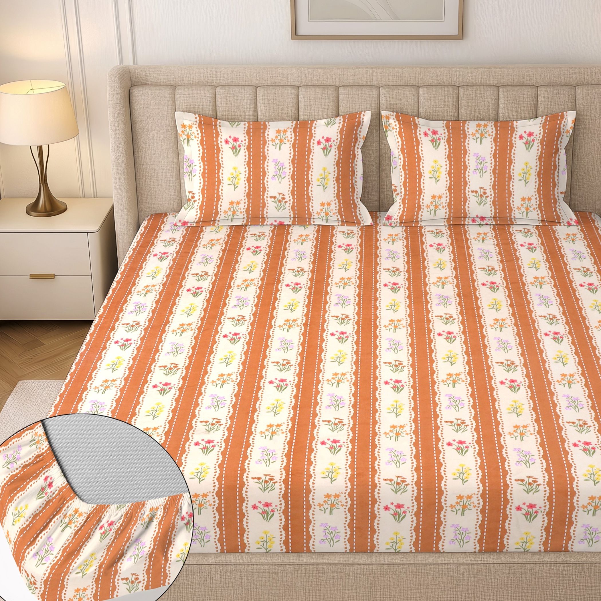 flipkart smartbuy Cotton King Fitted (Elastic) 244 TC Floral 1 Summer Bedsheet with 2 Pillow Covers-picture-32