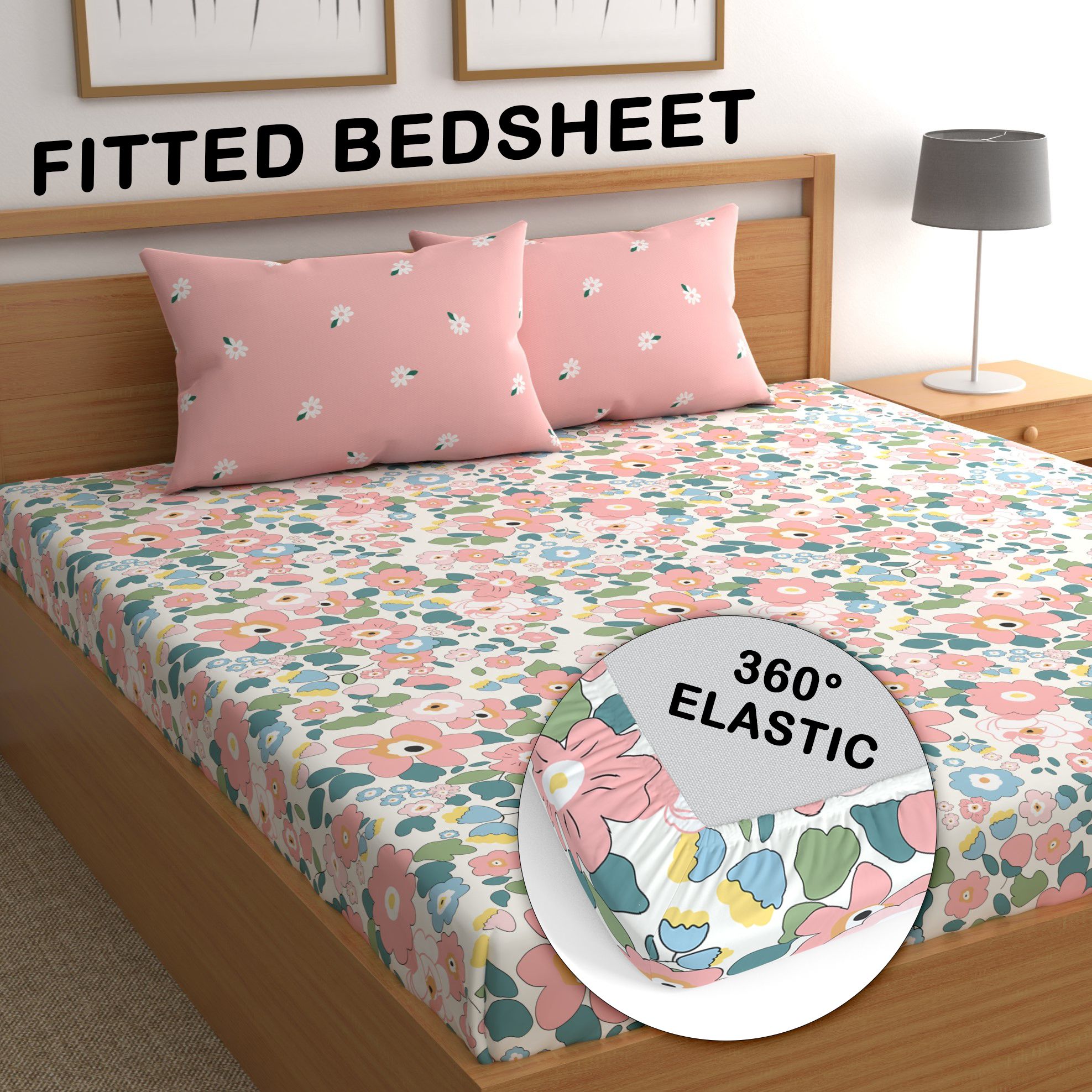 180 TC Cotton Queen Printed Fitted (Elastic) Bedsheet-image-21