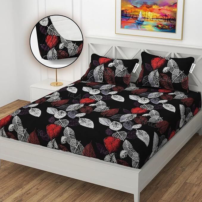 addug Cotton King, Queen, Double Fitted (Elastic) 210 TC 3D Printed 1 Summer Bedsheet with 2 Pillow Covers-picture-47