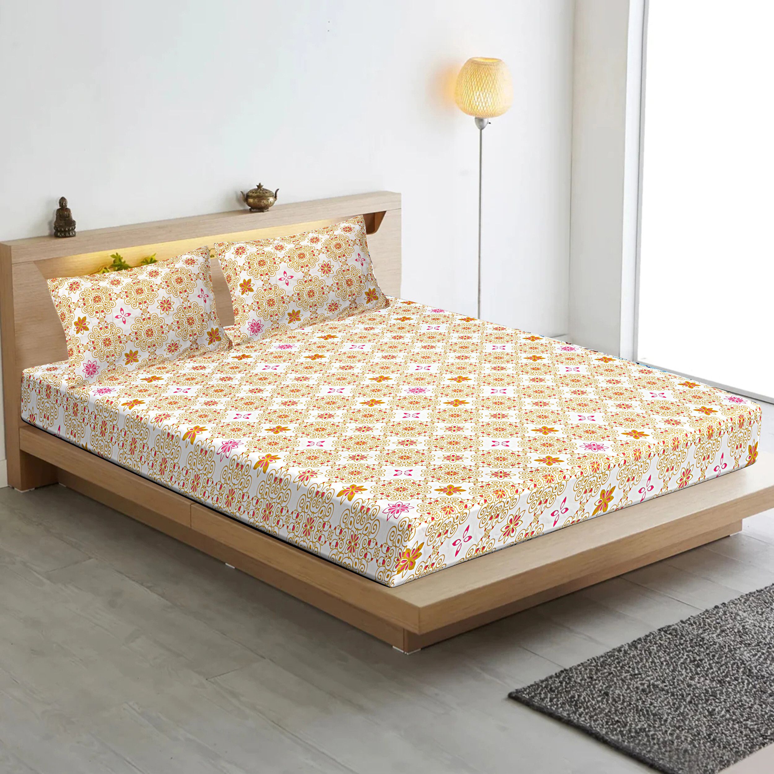 indhome life 210 TC Cotton King Floral Fitted (Elastic) Bedsheet-picture-38