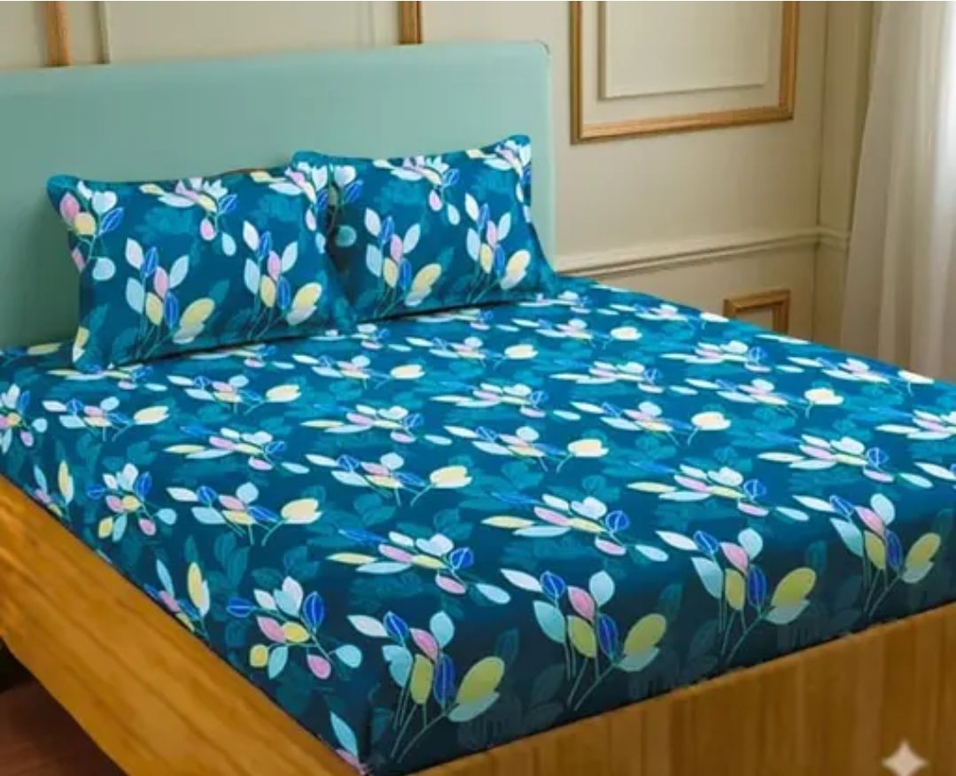 Cotton Blend Double, Single Fitted (Elastic) 300 TC Floral 1 Summer Bedsheet with 2 Pillow Covers-image-9