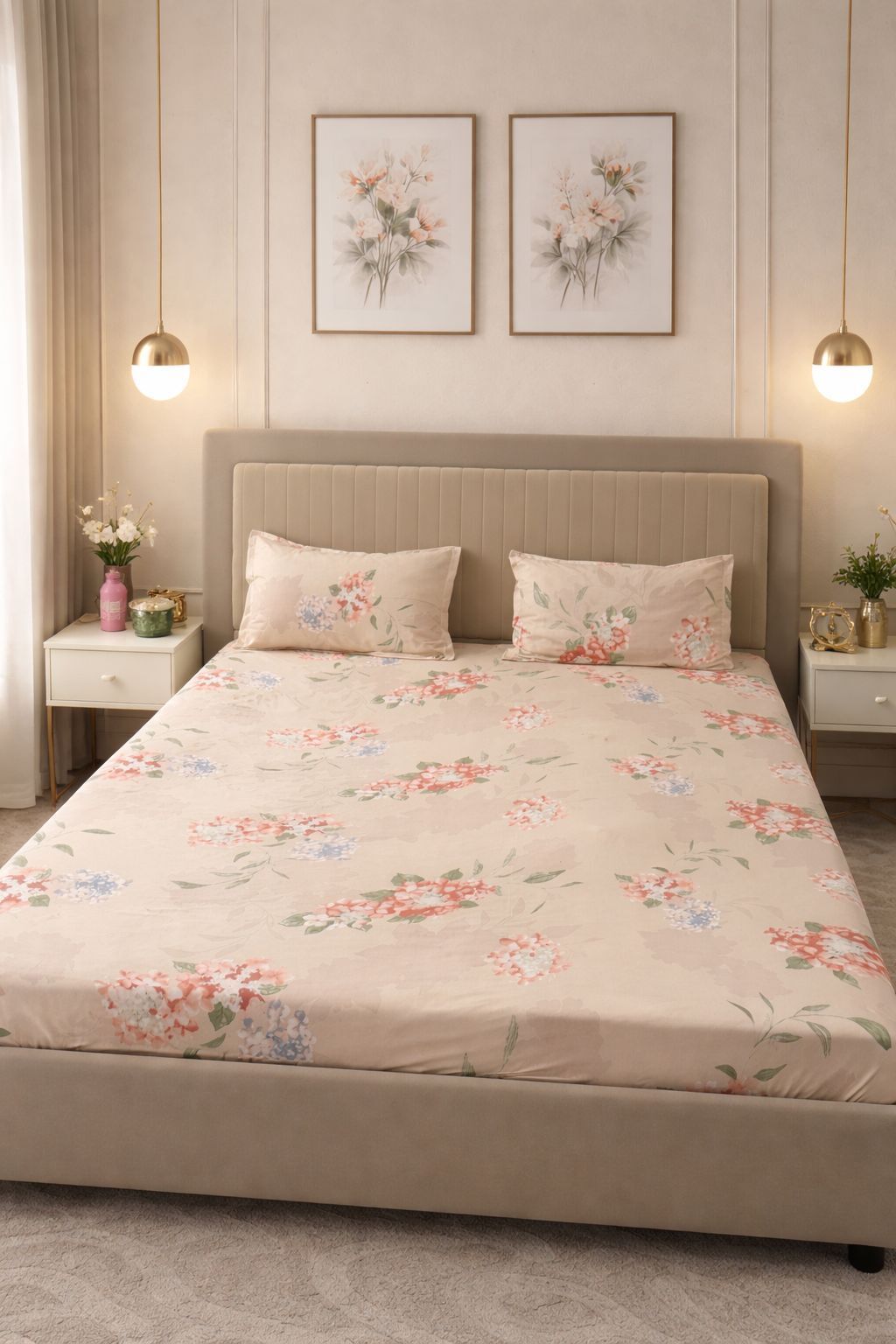 Cotton Double Fitted (Elastic) 200 TC Floral 1 Summer Bedsheet with 2 Pillow Covers-image-17