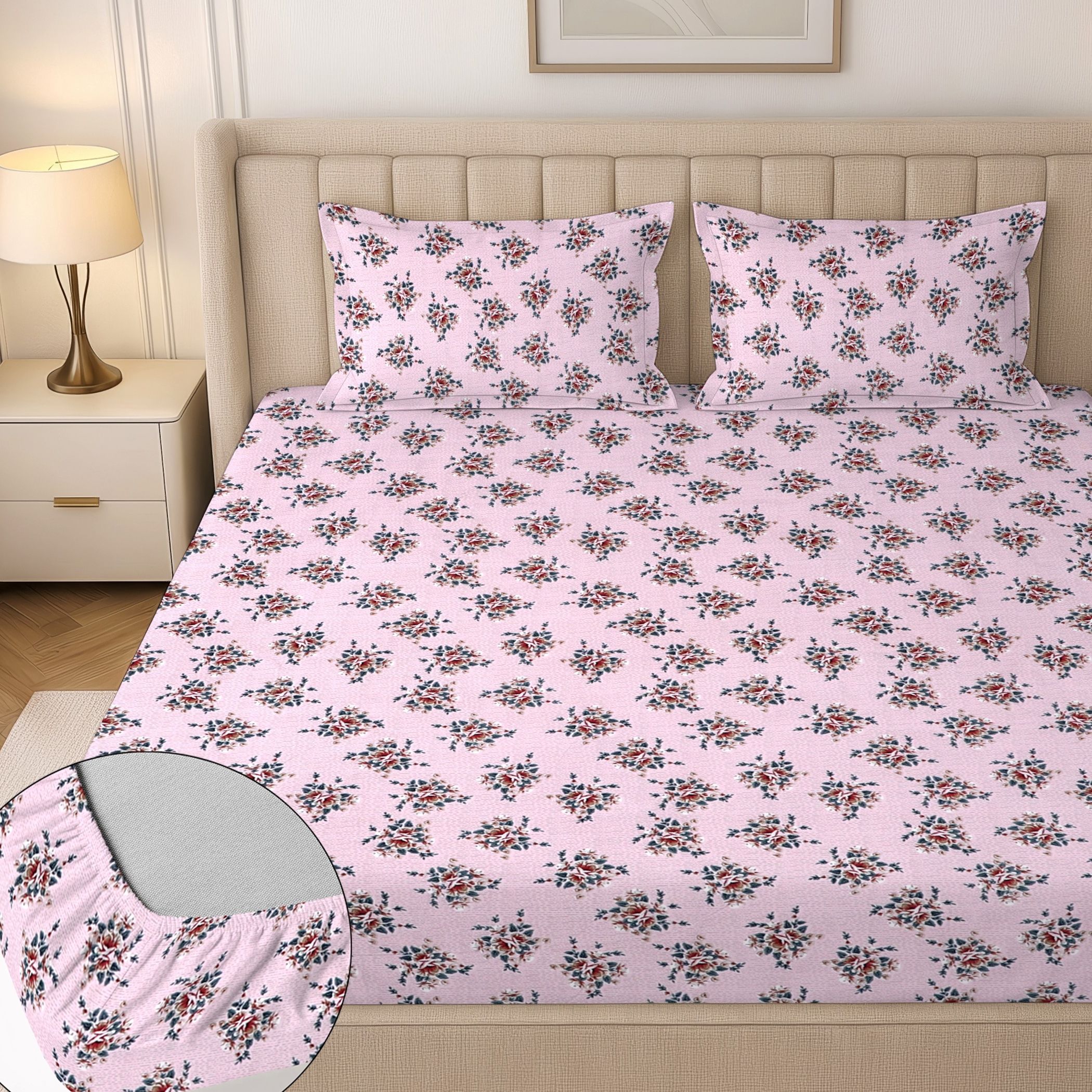 Cotton King Fitted (Elastic) 244 TC Floral 1 Summer Bedsheet with 2 Pillow Covers-image-35