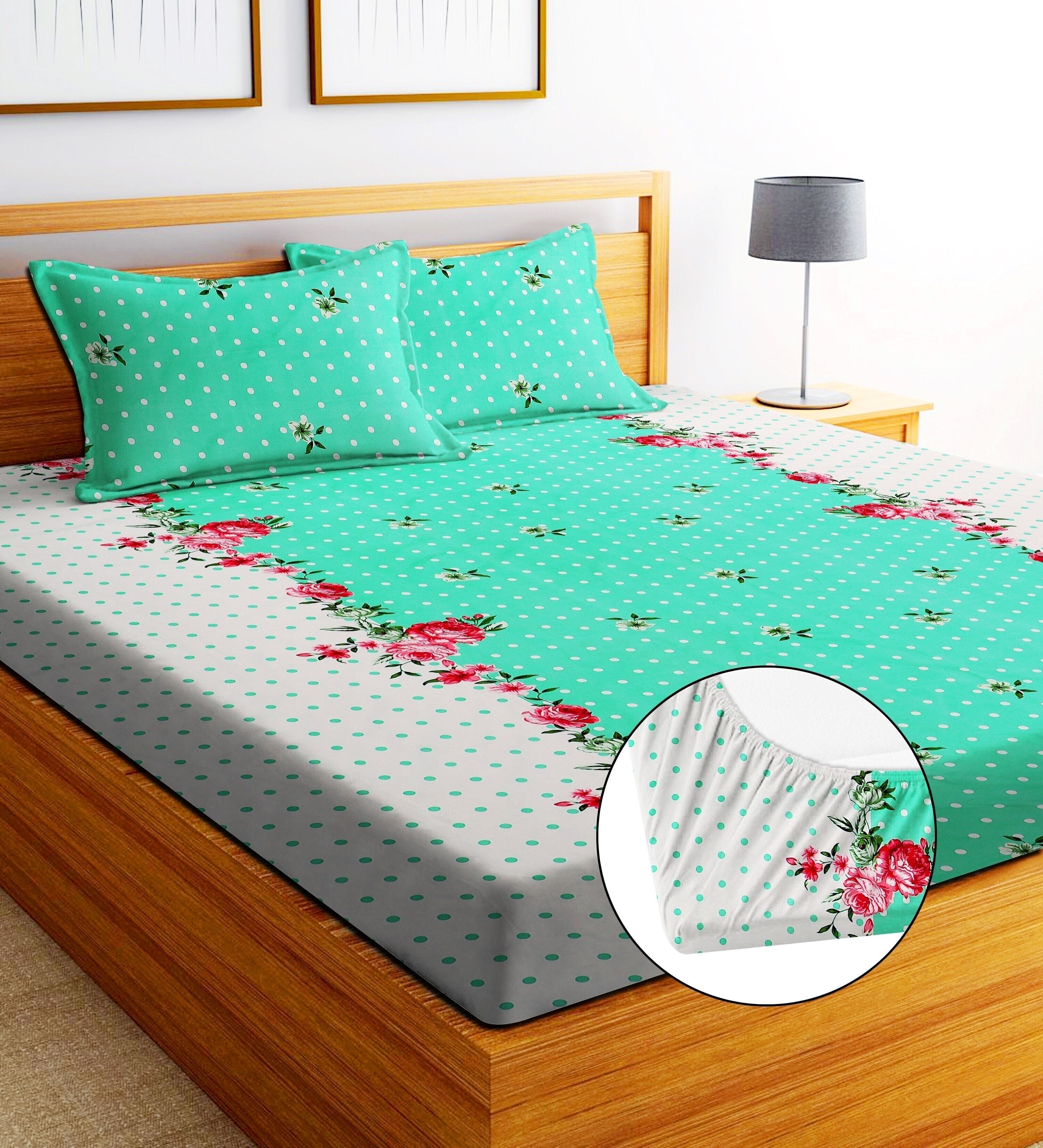 bm decor Cotton Double Fitted (Elastic) 244 TC Printed 1 Summer Bedsheet with 2 Pillow Covers-picture-22