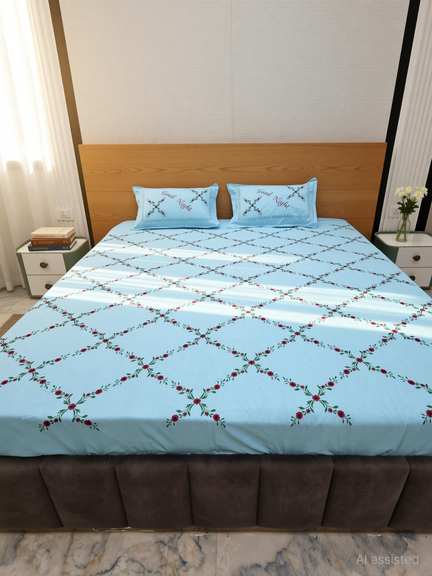 fashion family Cotton King Flat 240 TC Embroidered 1 Bedsheet with 2 Pillow Covers-picture-11