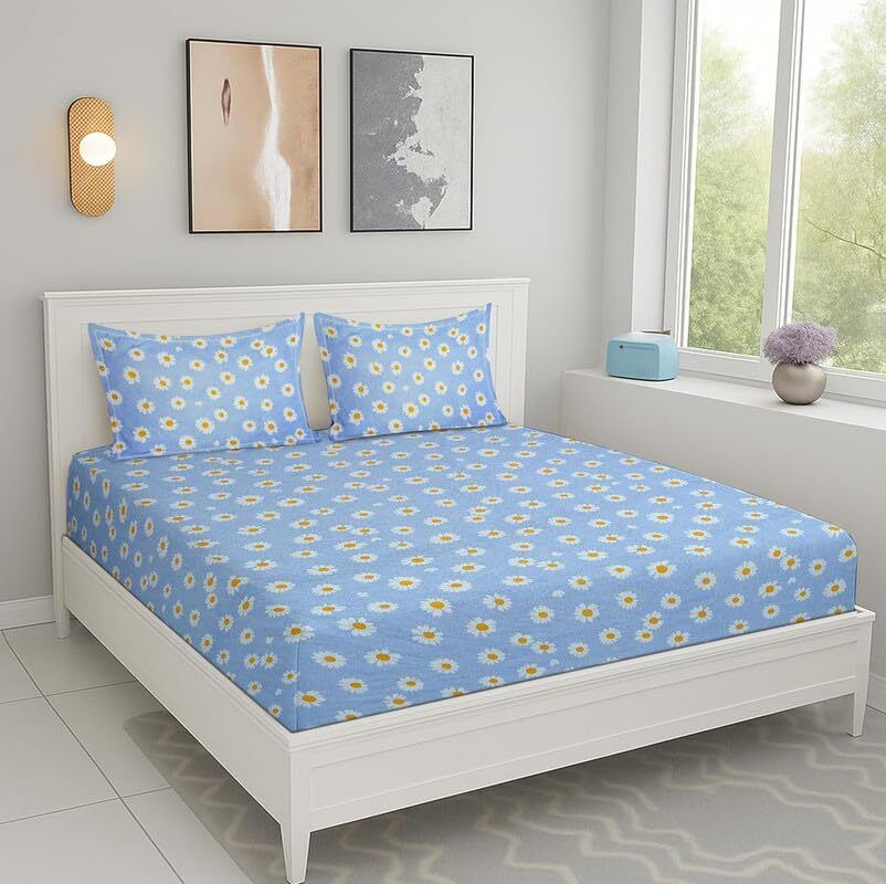 Cotton Double Fitted (Elastic) 200 TC Floral 1 Summer Bedsheet with 2 Pillow Covers-image-33