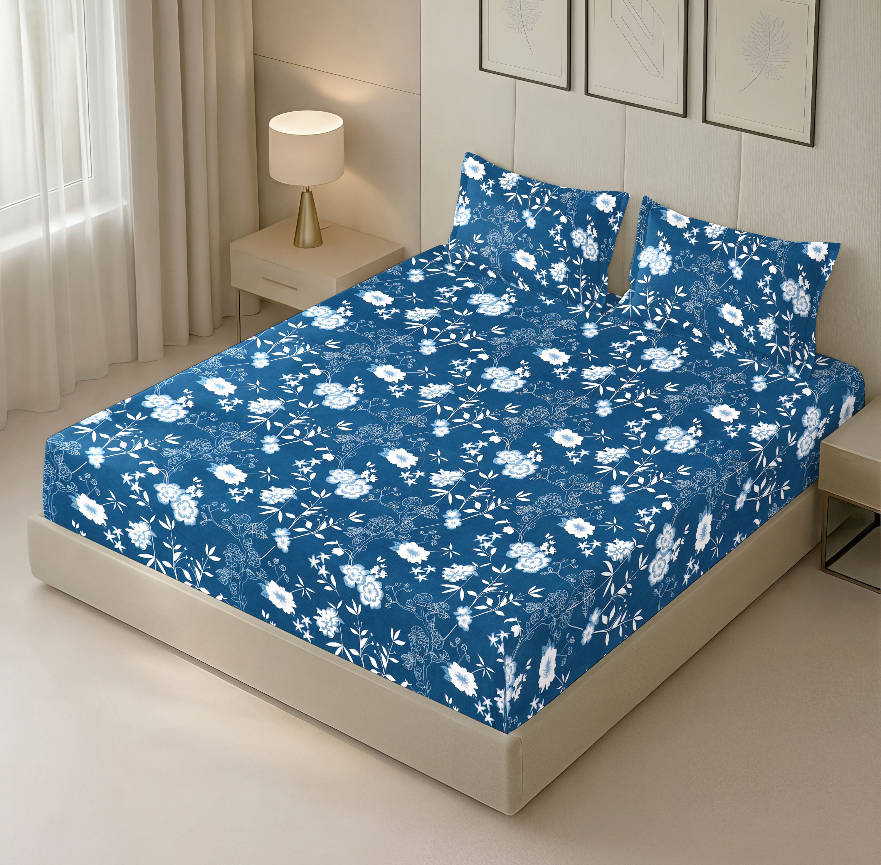 Cotton Double Fitted (Elastic) 244 TC Printed 1 Summer Bedsheet with 2 Pillow Covers-image-27