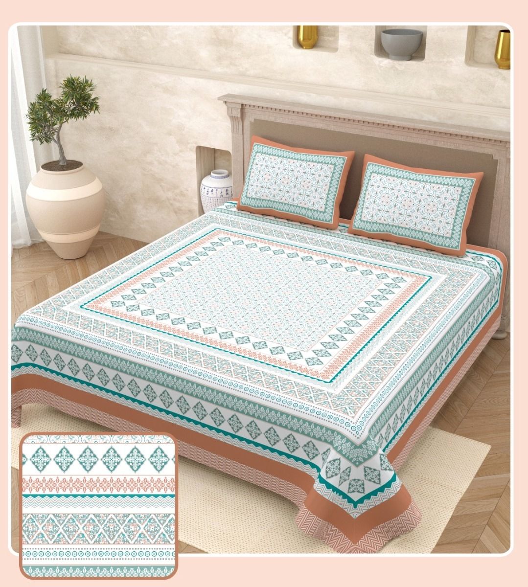 Cotton Super King Flat 280 TC Jaipuri Prints 1 Bedsheet with 2 Pillow Covers-image-8