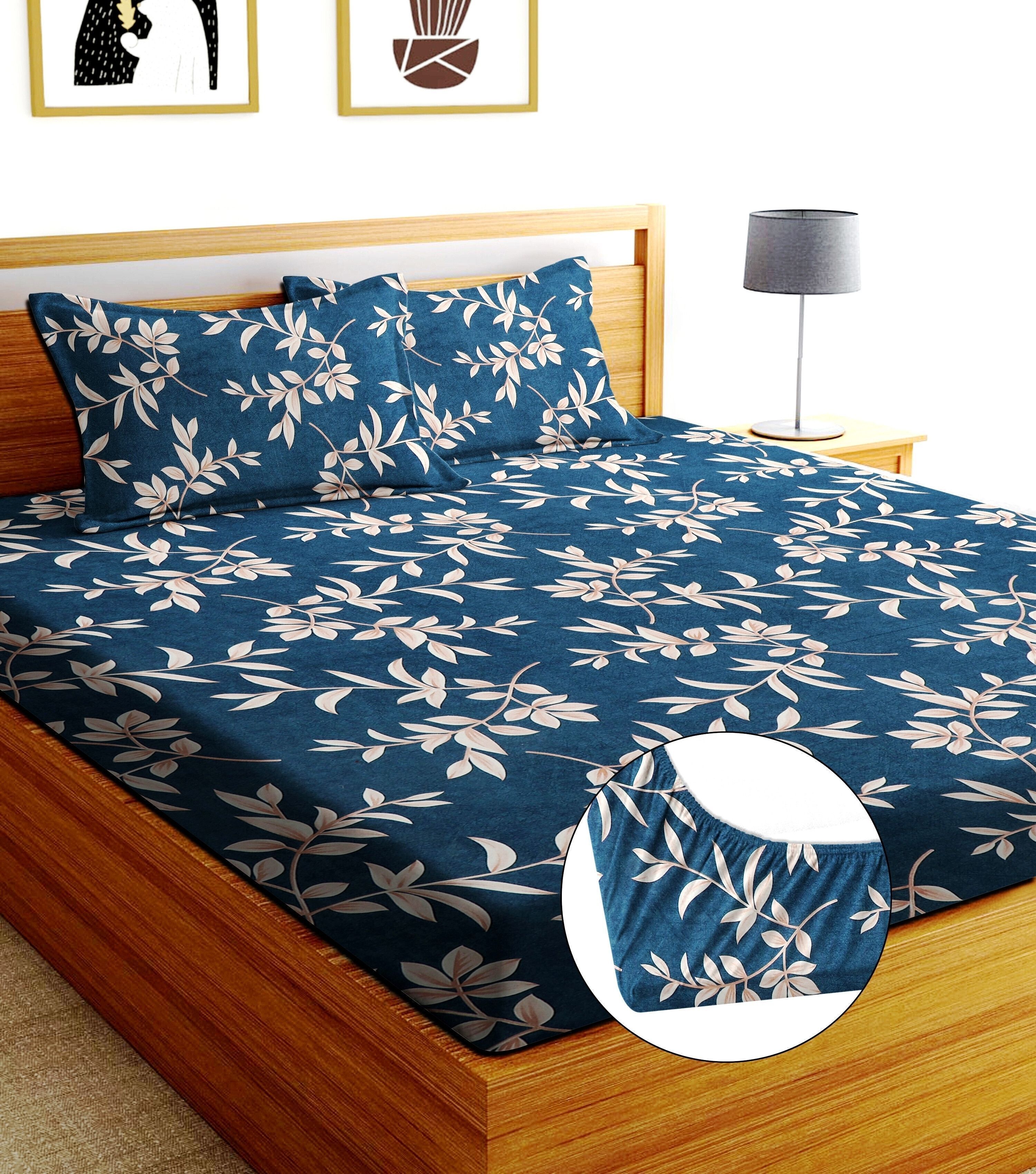 bm decor Cotton Double Fitted (Elastic) 244 TC Printed 1 Summer Bedsheet with 2 Pillow Covers-picture-23