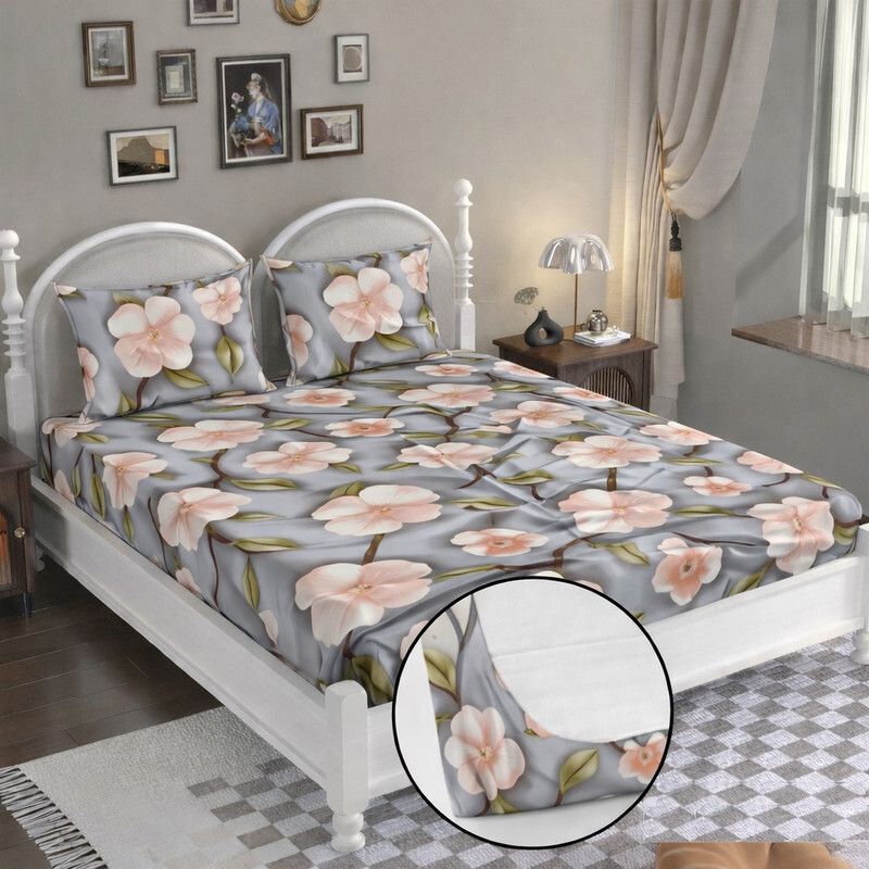 Cotton King Fitted (Elastic) 250 TC Printed 1 Summer Bedsheet with 2 Pillow Covers-image-34