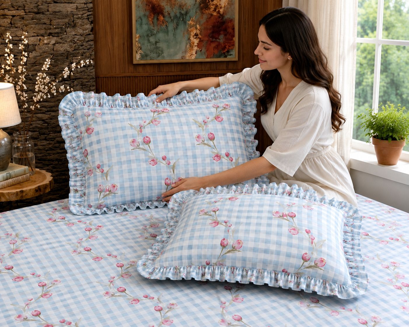 flipkart smartbuy Cotton King, Double Fitted (Elastic) 320 TC Printed 1 Summer Bedsheet with 2 Pillow Covers-picture-40