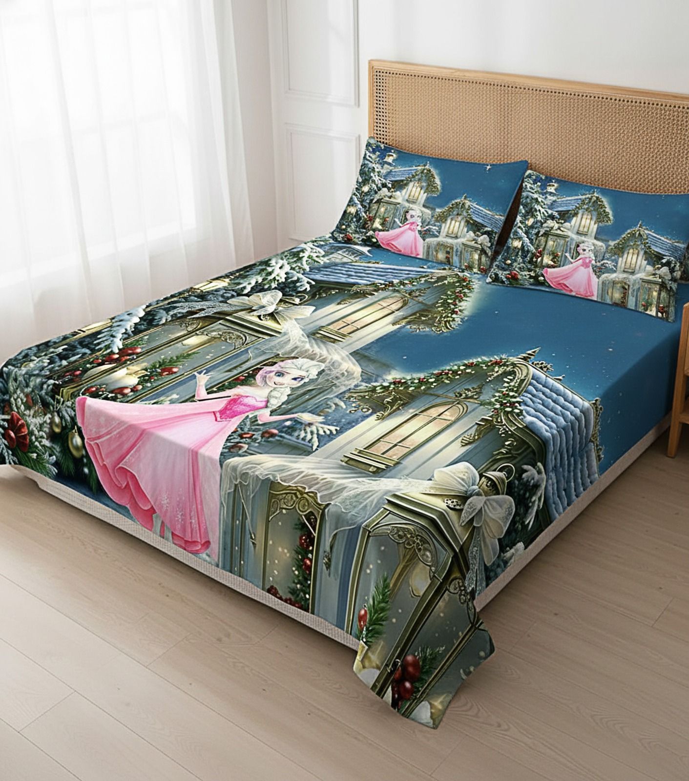 Cotton Blend Queen Flat 212 TC Printed 1 Bedsheet with 2 Pillow Covers-image-5