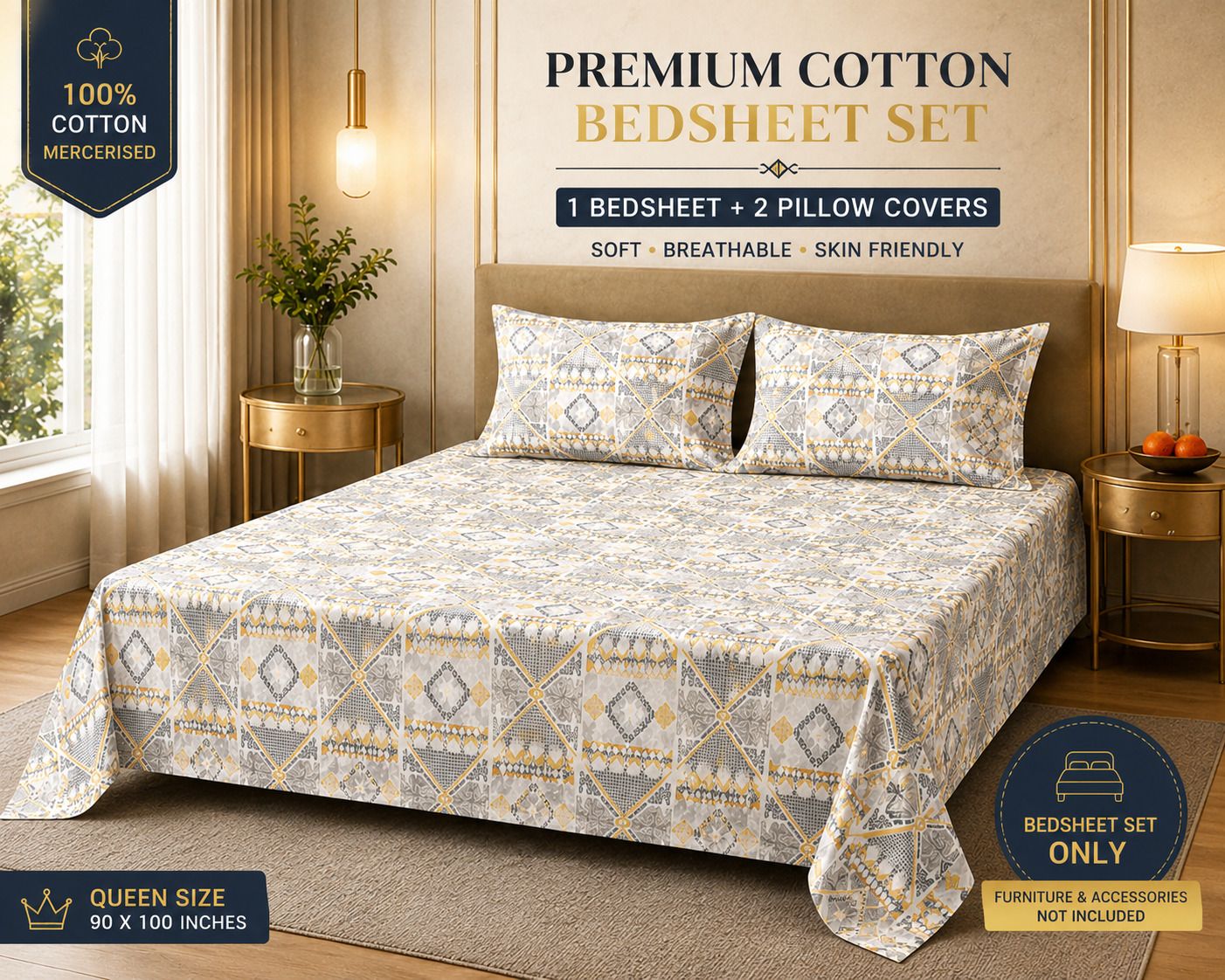 Cotton Double Flat 180 TC 3D Printed 1 AC Bedsheet with 2 Pillow Covers, 2 Cushion Covers-image-38