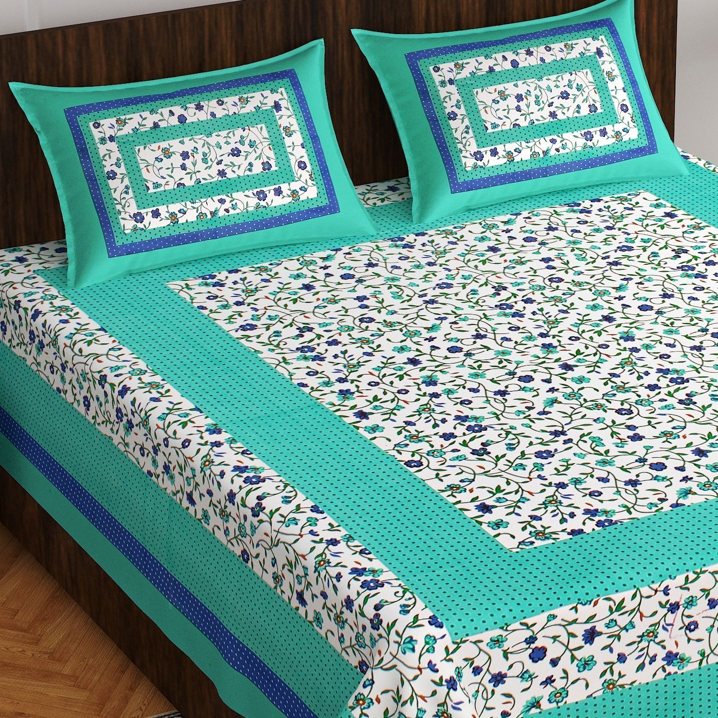 Cotton Double Flat 180 TC Jaipuri Prints 1 Summer Bedsheet with 2 Pillow Covers-image-33