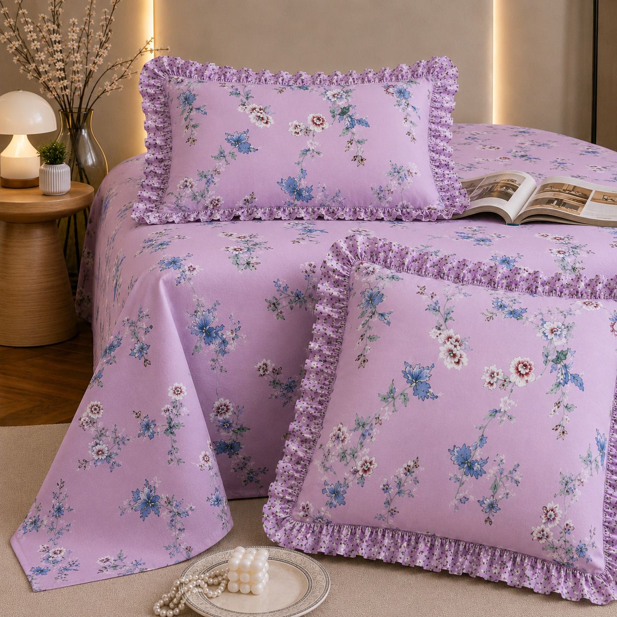 flipkart smartbuy Cotton King, Double Fitted (Elastic) 320 TC Floral 1 Summer Bedsheet with 2 Pillow Covers-picture-24