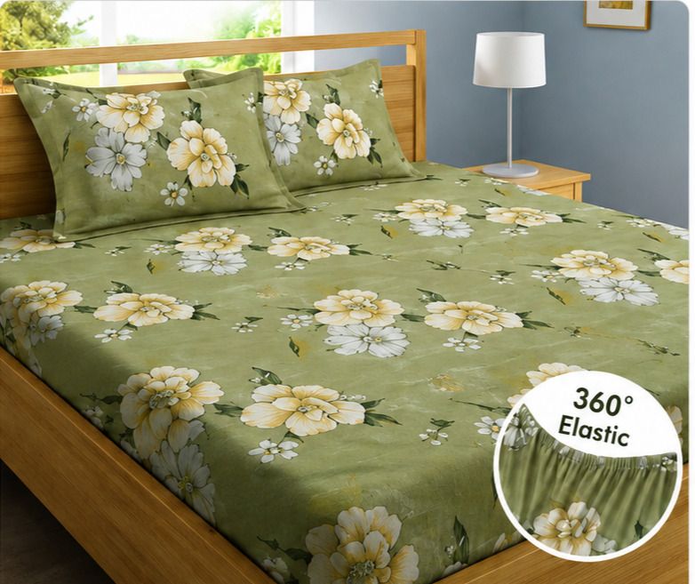Cotton Double, King Fitted (Elastic) 180 TC 3D Printed 1 AC Bedsheet with 2 Pillow Covers-image-9