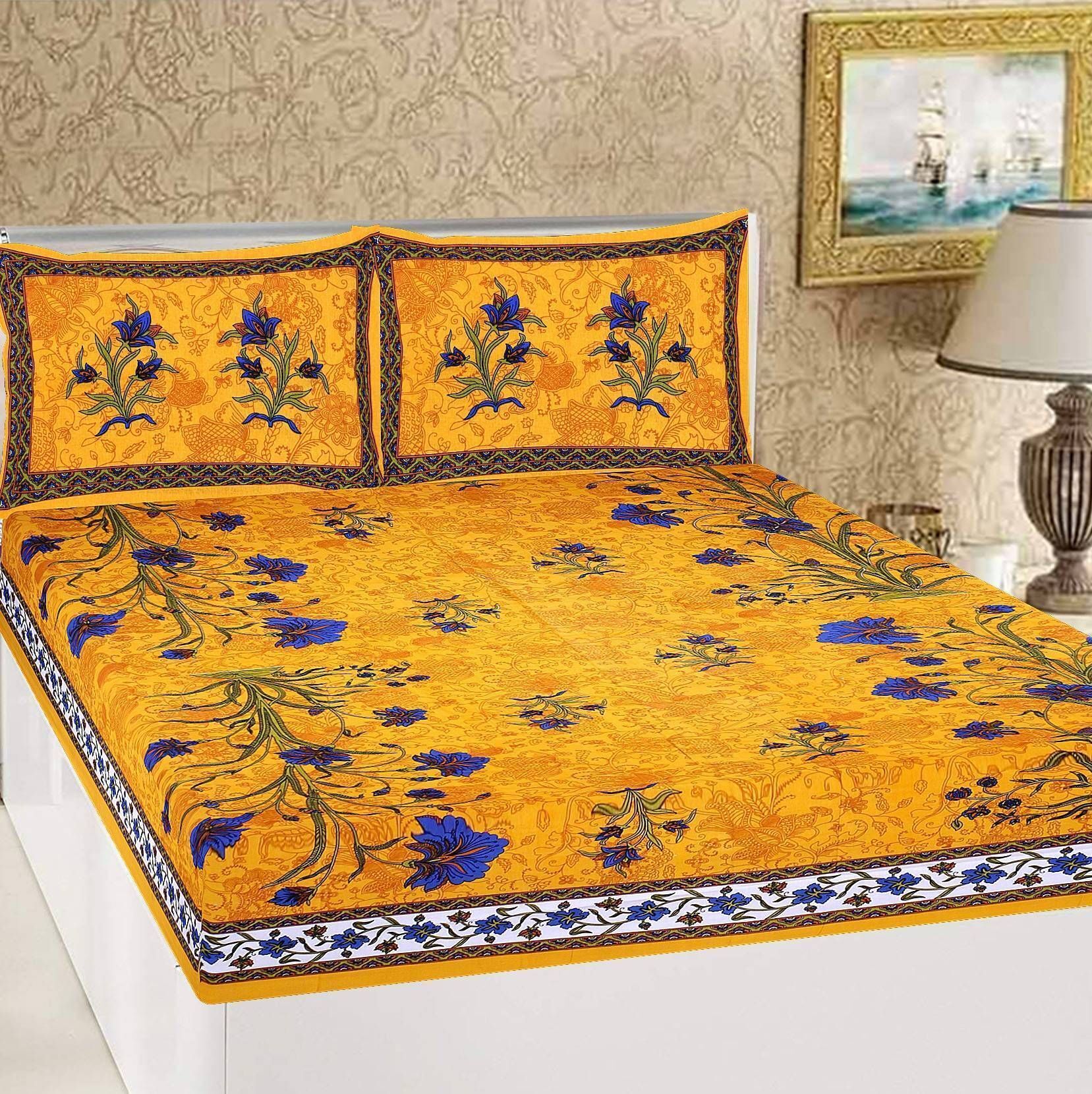 Cotton Double Flat 160 TC Printed 1 Summer Bedsheet with 2 Pillow Covers-image-3