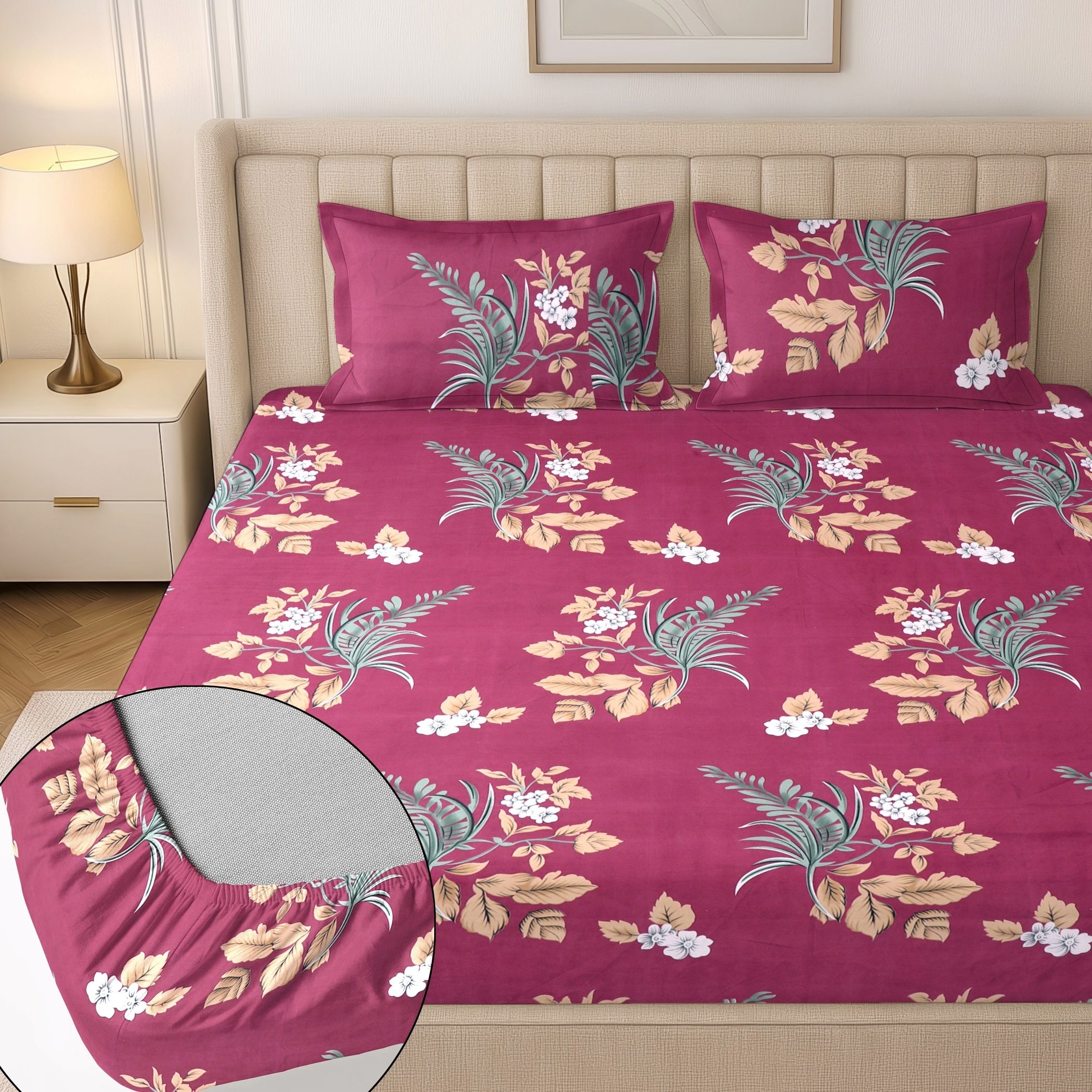flipkart smartbuy Cotton King Fitted (Elastic) 244 TC Floral 1 Summer Bedsheet with 2 Pillow Covers-picture-37