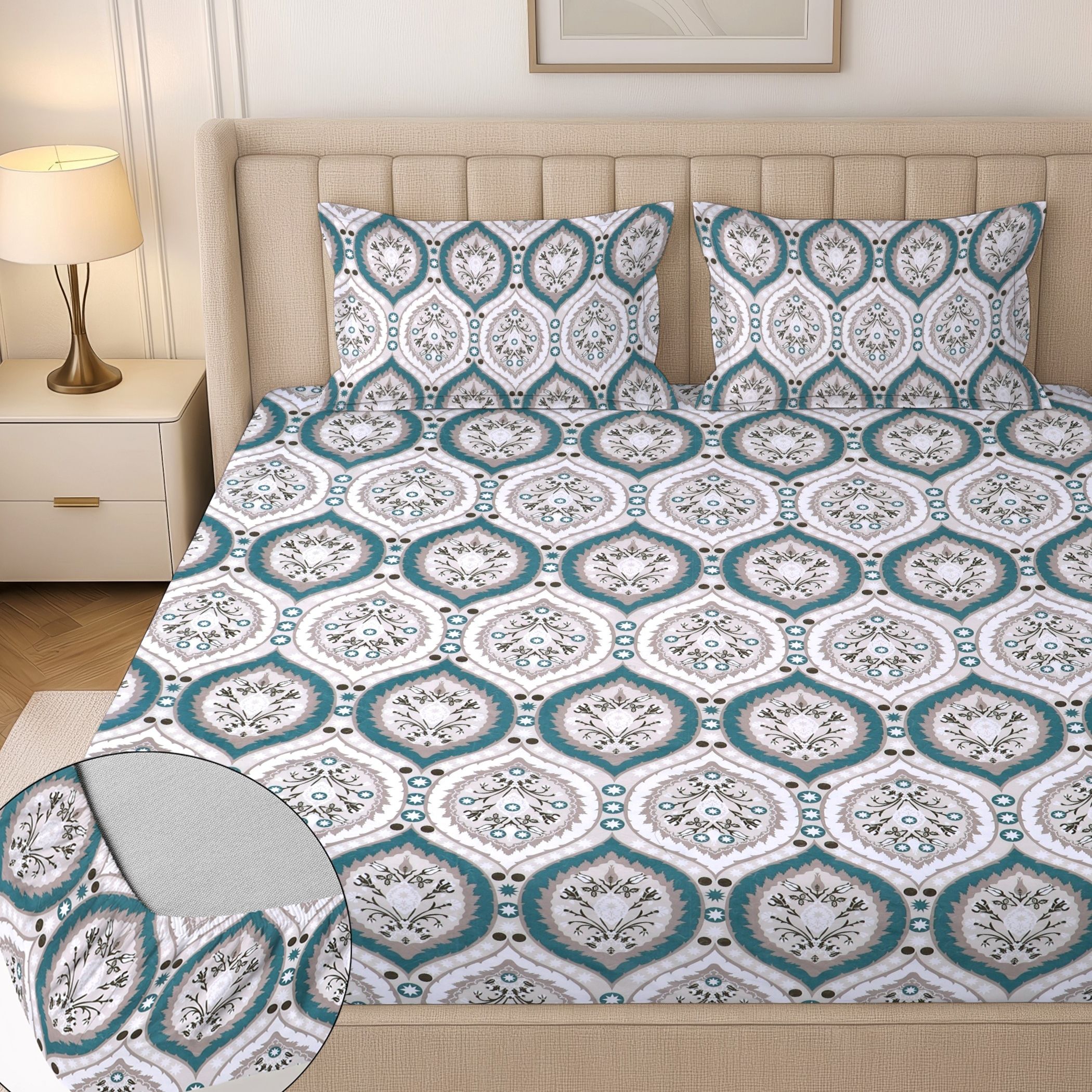 flipkart smartbuy Cotton King Fitted (Elastic) 244 TC Floral 1 Summer Bedsheet with 2 Pillow Covers-picture-29