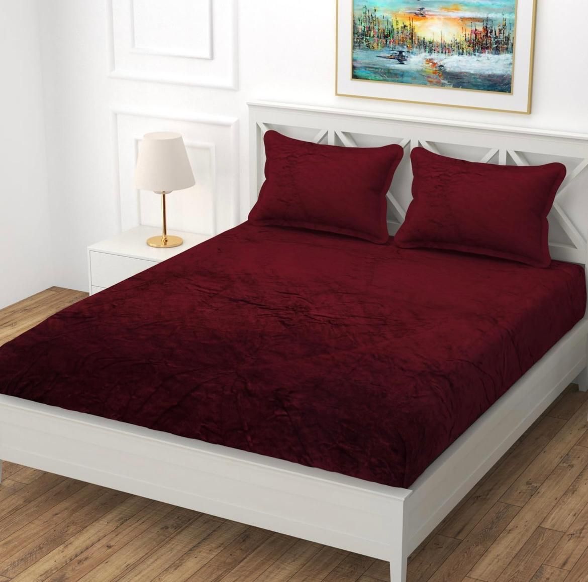 Velvet Double Fitted (Elastic) 299 TC Solid 1 Bedsheet with 2 Pillow Covers-image-21