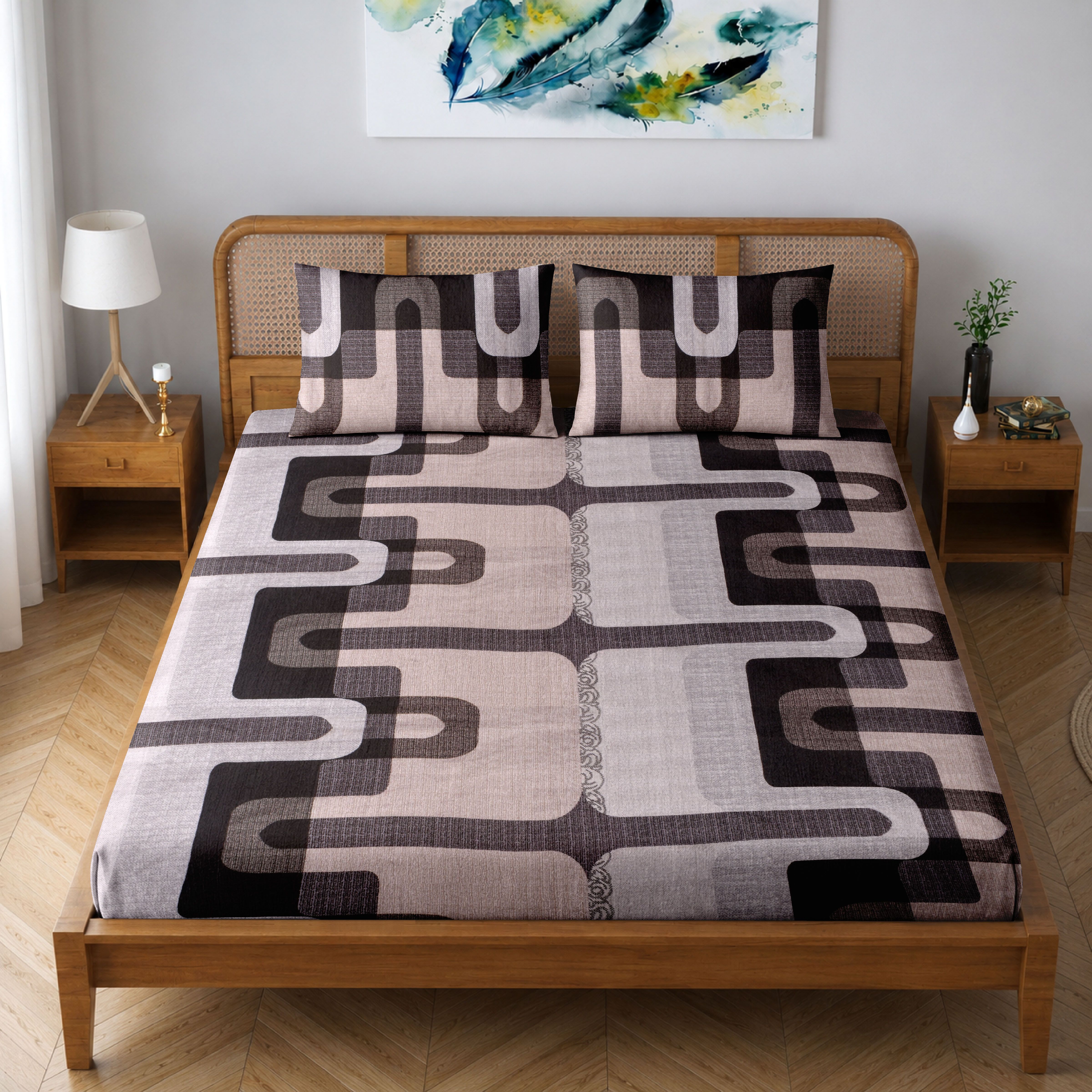 Cotton Queen Flat 186 TC Geometric 1 Summer Bedsheet with 2 Pillow Covers-image-37
