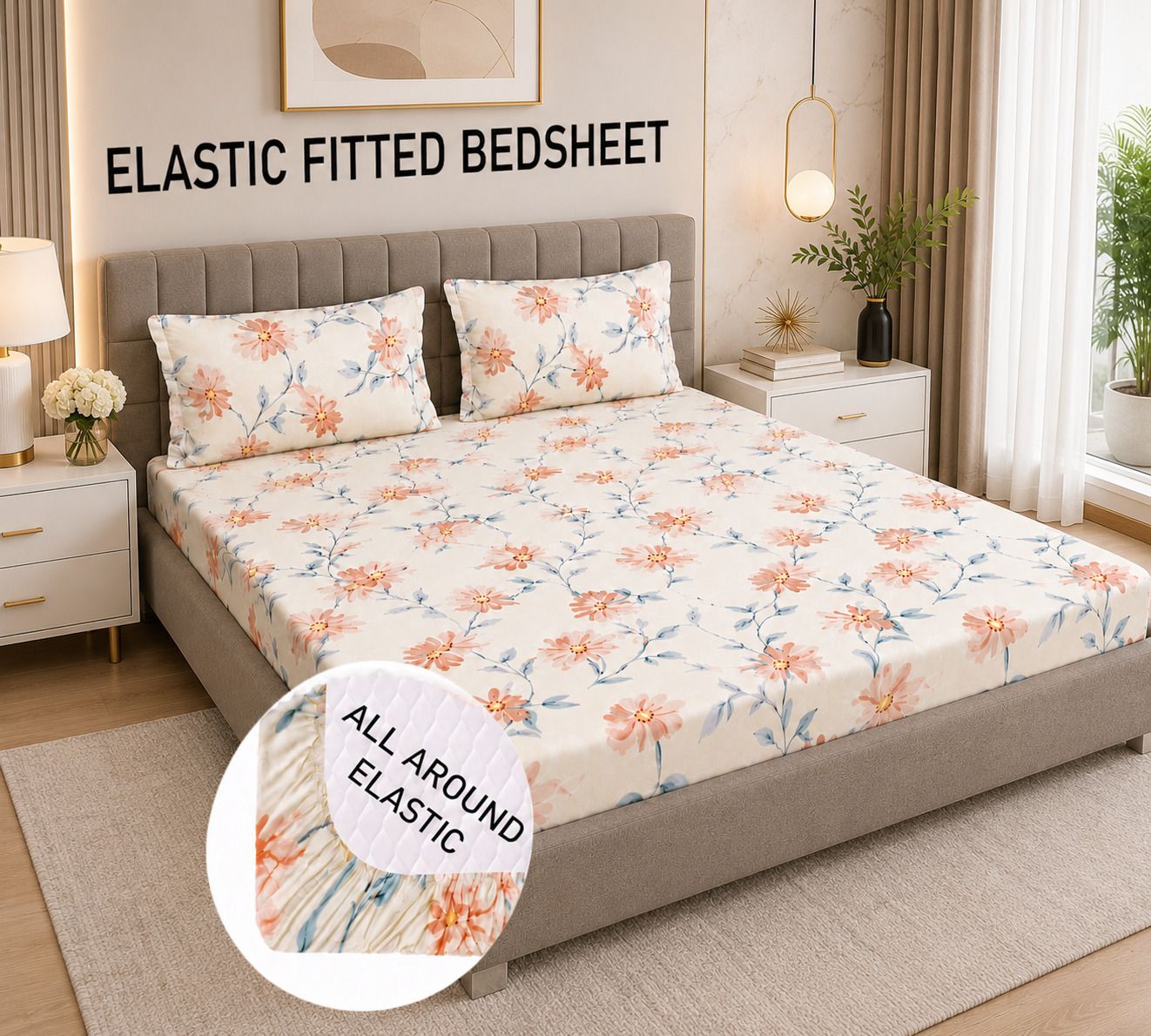 Cotton Double Fitted (Elastic) 240 TC Printed 1 Summer Bedsheet with 2 Pillow Covers-image-7