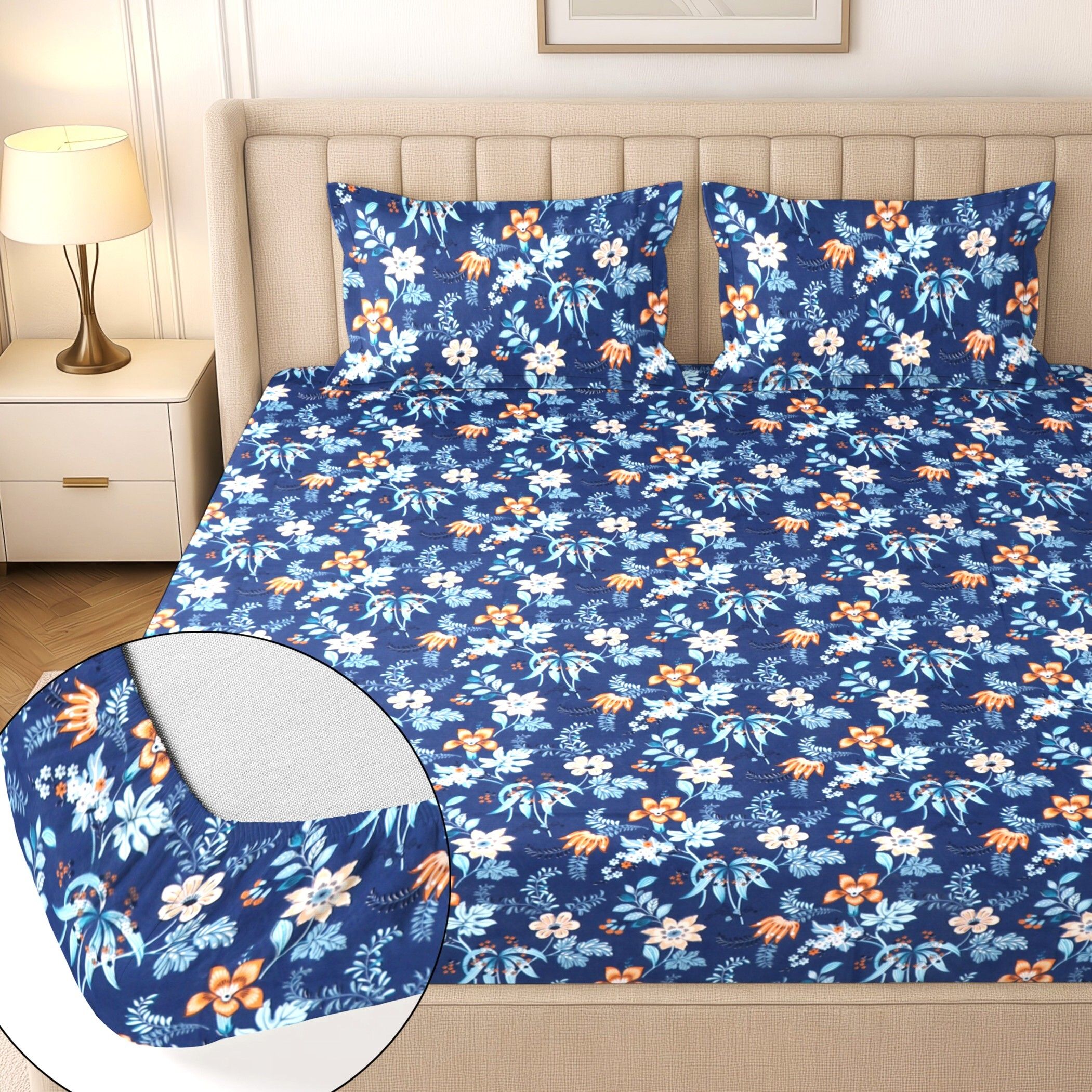 flipkart smartbuy Cotton King Fitted (Elastic) 244 TC Floral 1 Summer Bedsheet with 2 Pillow Covers-picture-24