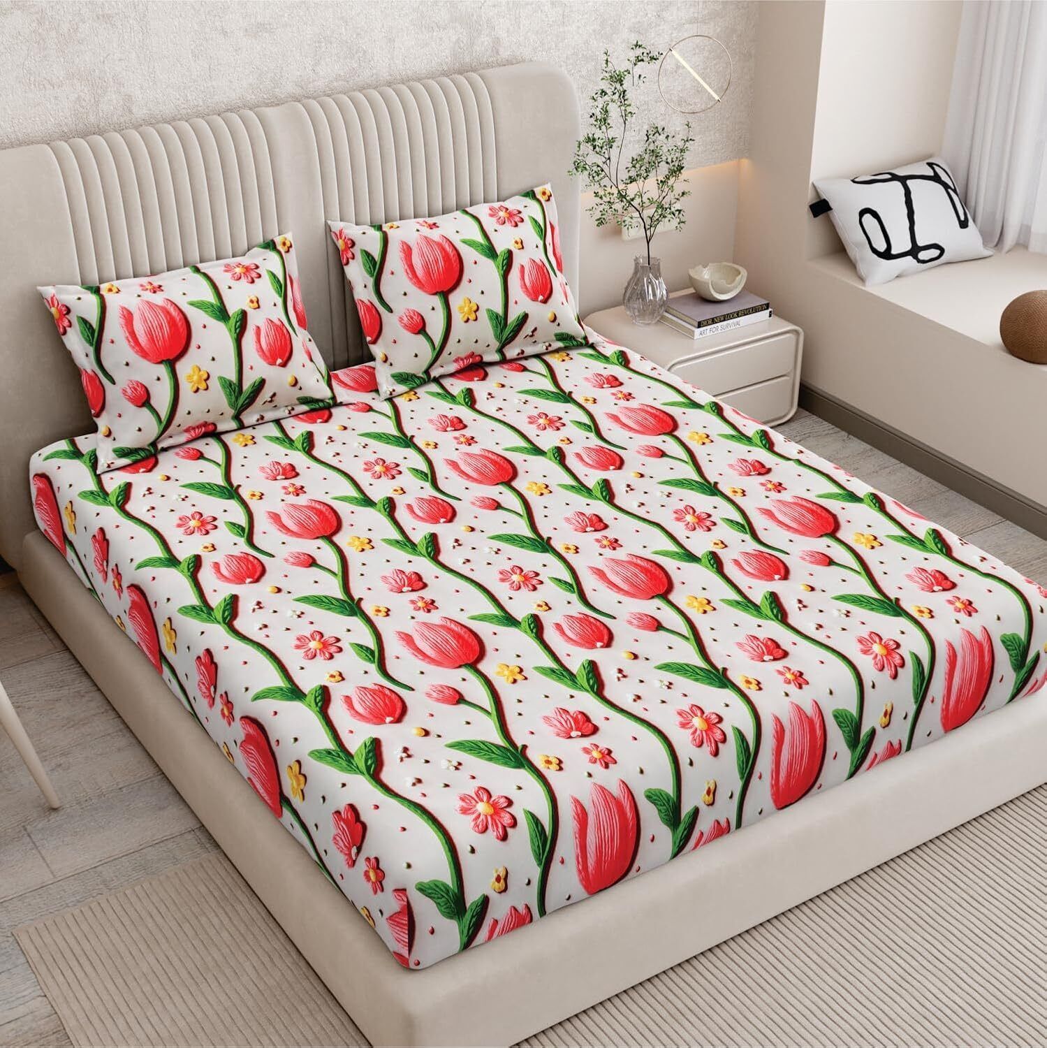 Velvet King Fitted (Elastic) 400 TC Floral 1 Summer Bedsheet with 2 Pillow Covers-image-2