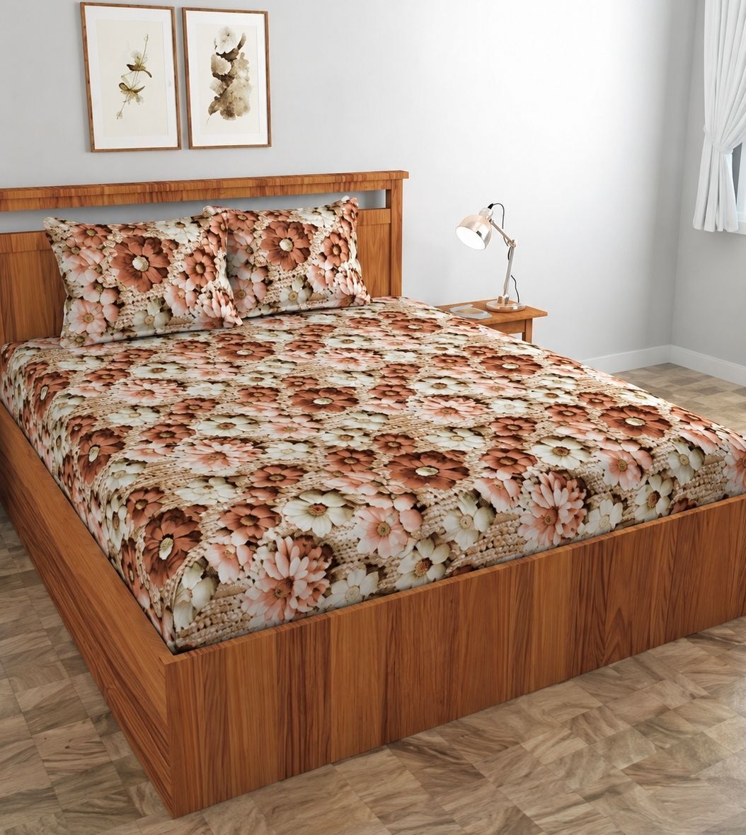 Cotton King Fitted (Elastic) 300 TC 3D Printed 1 Bedsheet with 2 Pillow Covers-image-11