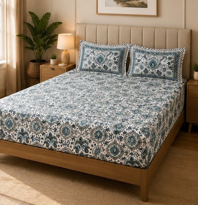 abc Cotton King Fitted (Elastic) 200 TC Floral 1 Bedsheet with 2 Pillow Covers-picture-21