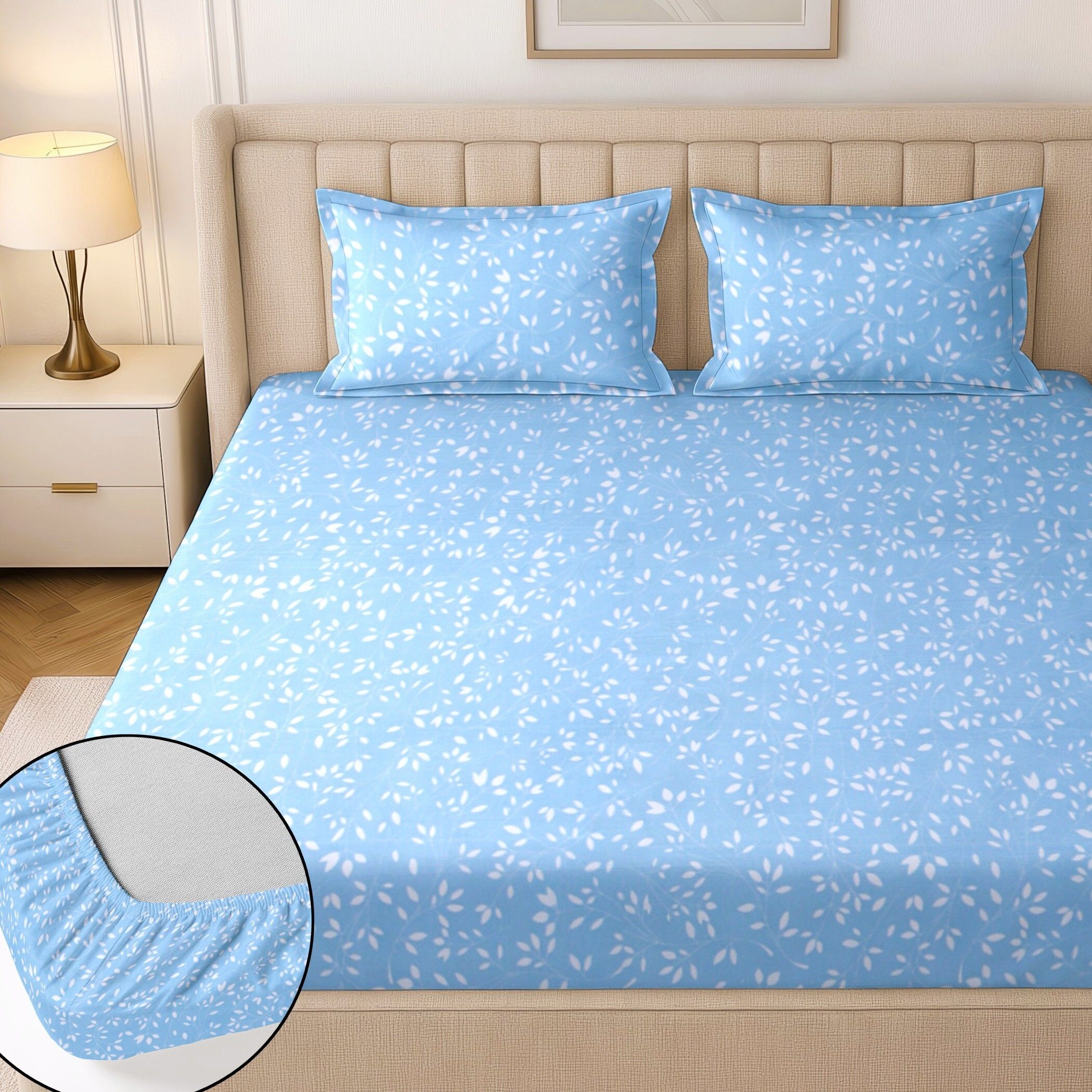 flipkart smartbuy Cotton King Fitted (Elastic) 244 TC Floral 1 Summer Bedsheet with 2 Pillow Covers-picture-1
