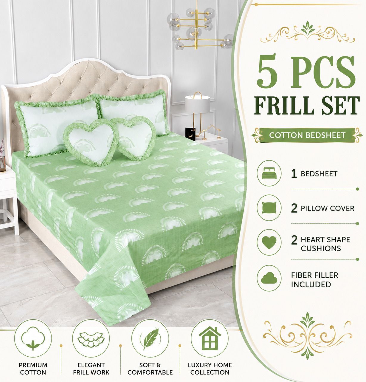 Cotton Double Flat 300 TC Printed 1 Summer Bedsheet with 2 Pillow Covers, 2 Cushion Covers-image-7