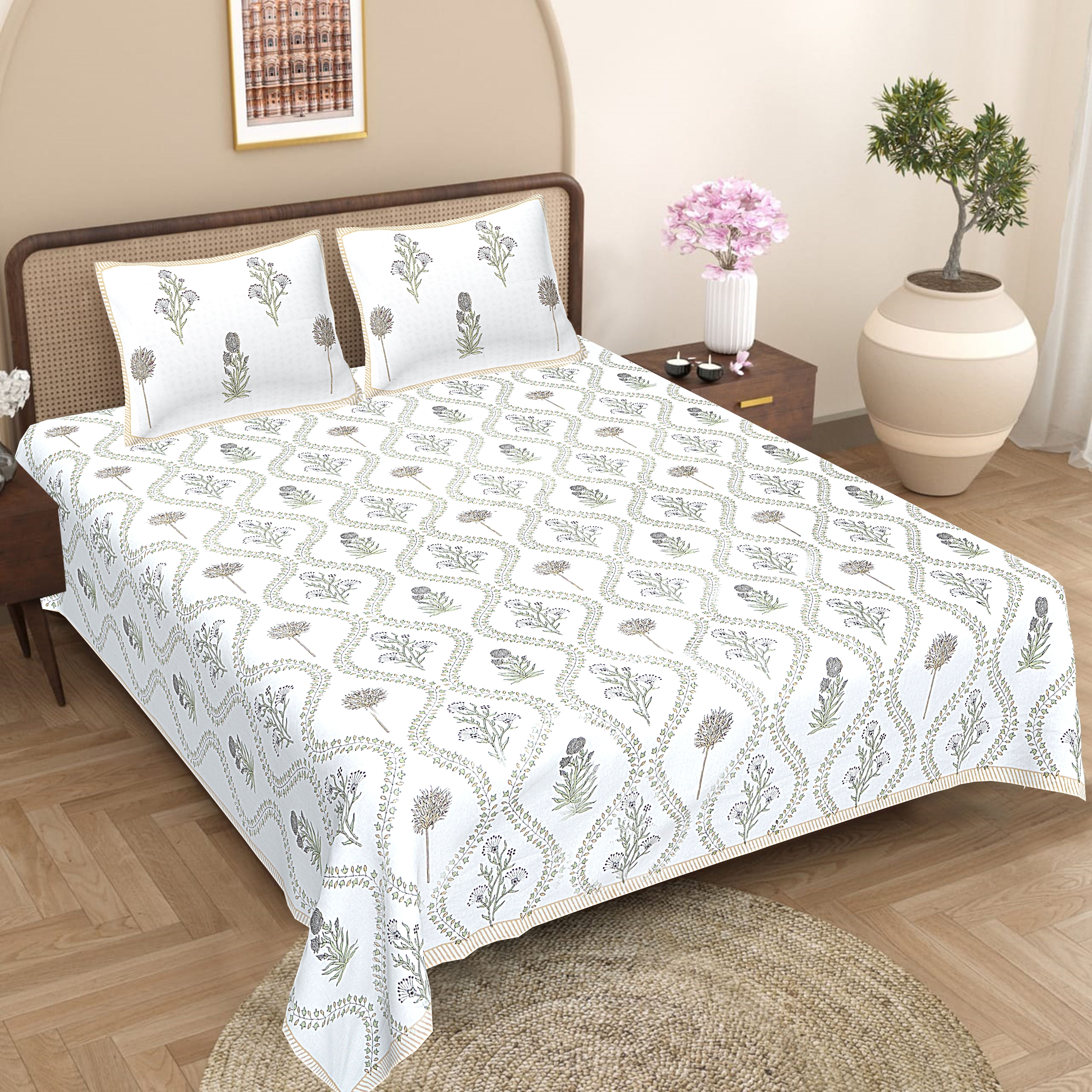 sanganari print Cotton King Fitted (Elastic) 450 TC Jaipuri Prints Bedsheet-picture-42