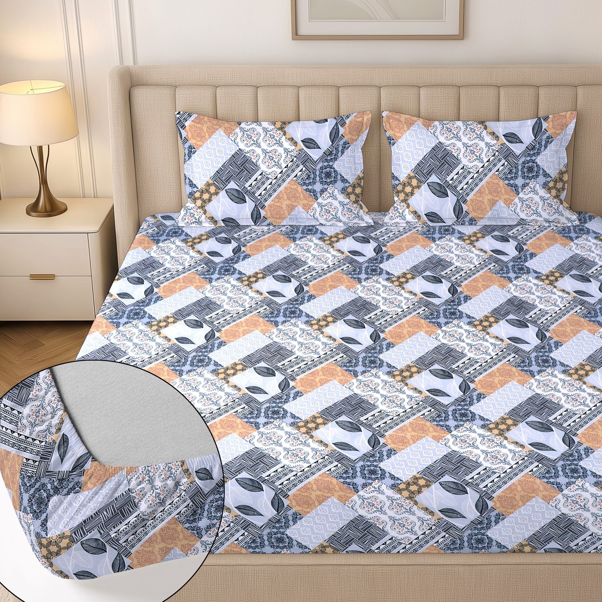 Cotton King Fitted (Elastic) 244 TC Floral 1 Summer Bedsheet with 2 Pillow Covers-image-47