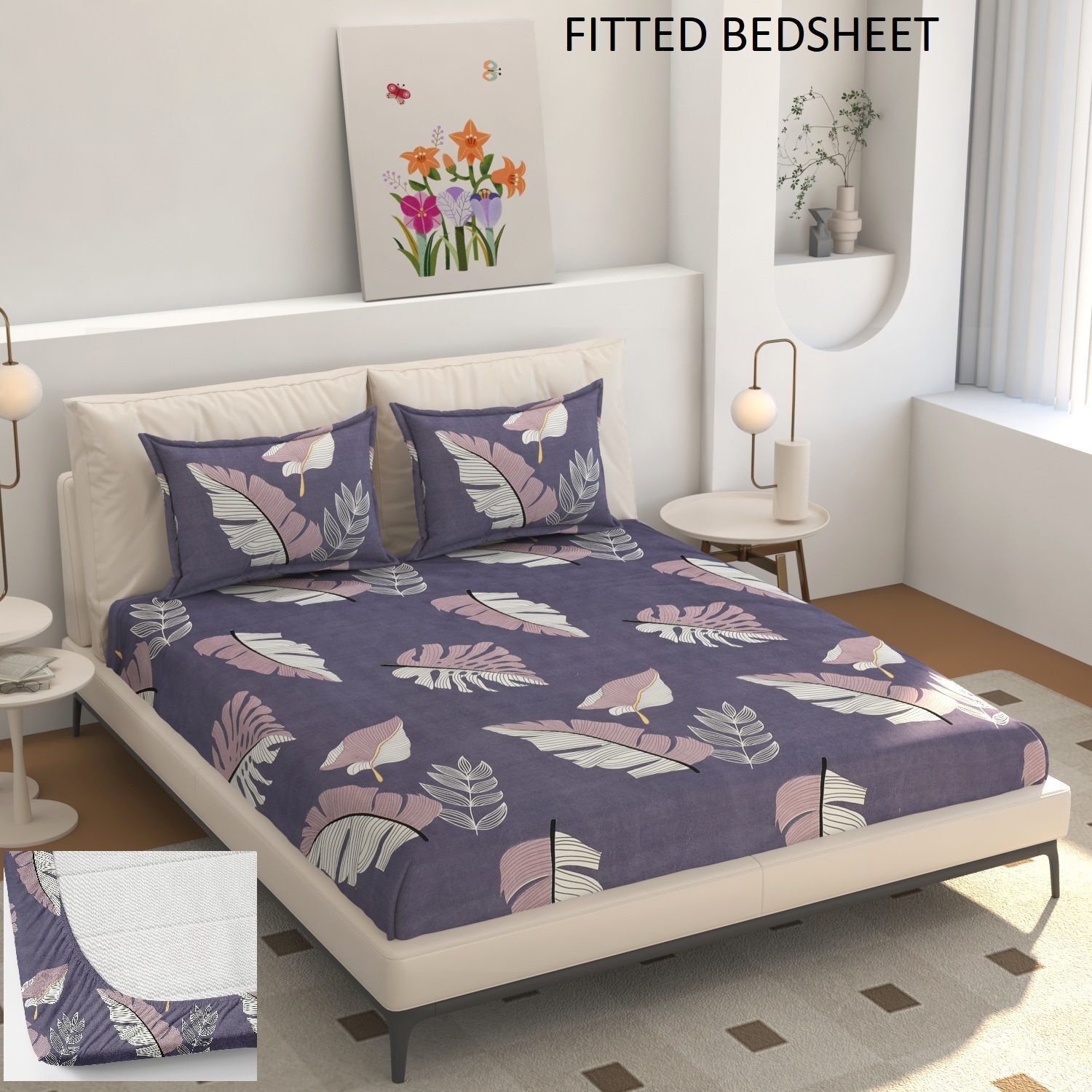 Cotton King Fitted (Elastic) 240 TC Printed 1 Summer Bedsheet with 2 Pillow Covers-image-26