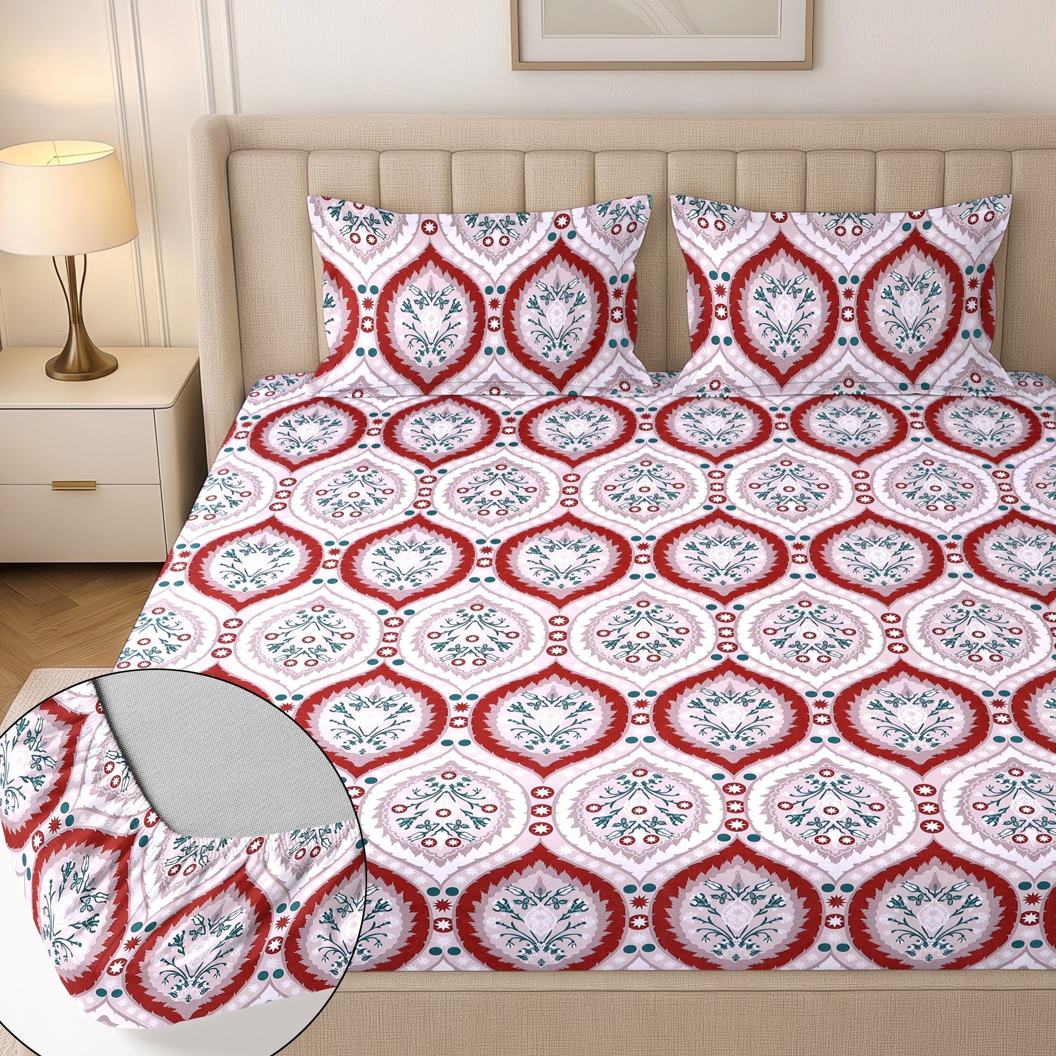 flipkart smartbuy Cotton King Fitted (Elastic) 244 TC Floral 1 Summer Bedsheet with 2 Pillow Covers-picture-38