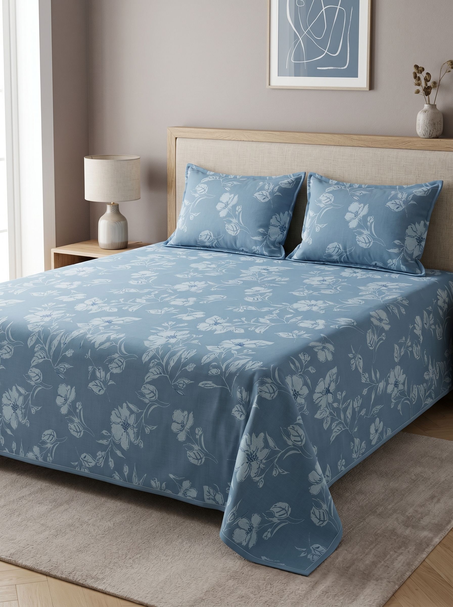 Cotton Double, King, Queen Flat 200 TC Floral 1 Summer Bedsheet with 2 Pillow Covers, 2 Cushion Covers-image-2