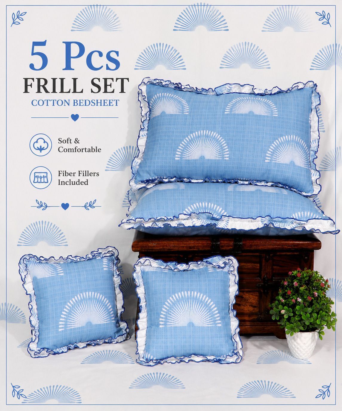 Cotton Double Flat 300 TC Printed 1 Summer Bedsheet with 2 Pillow Covers, 2 Cushion Covers-image-7