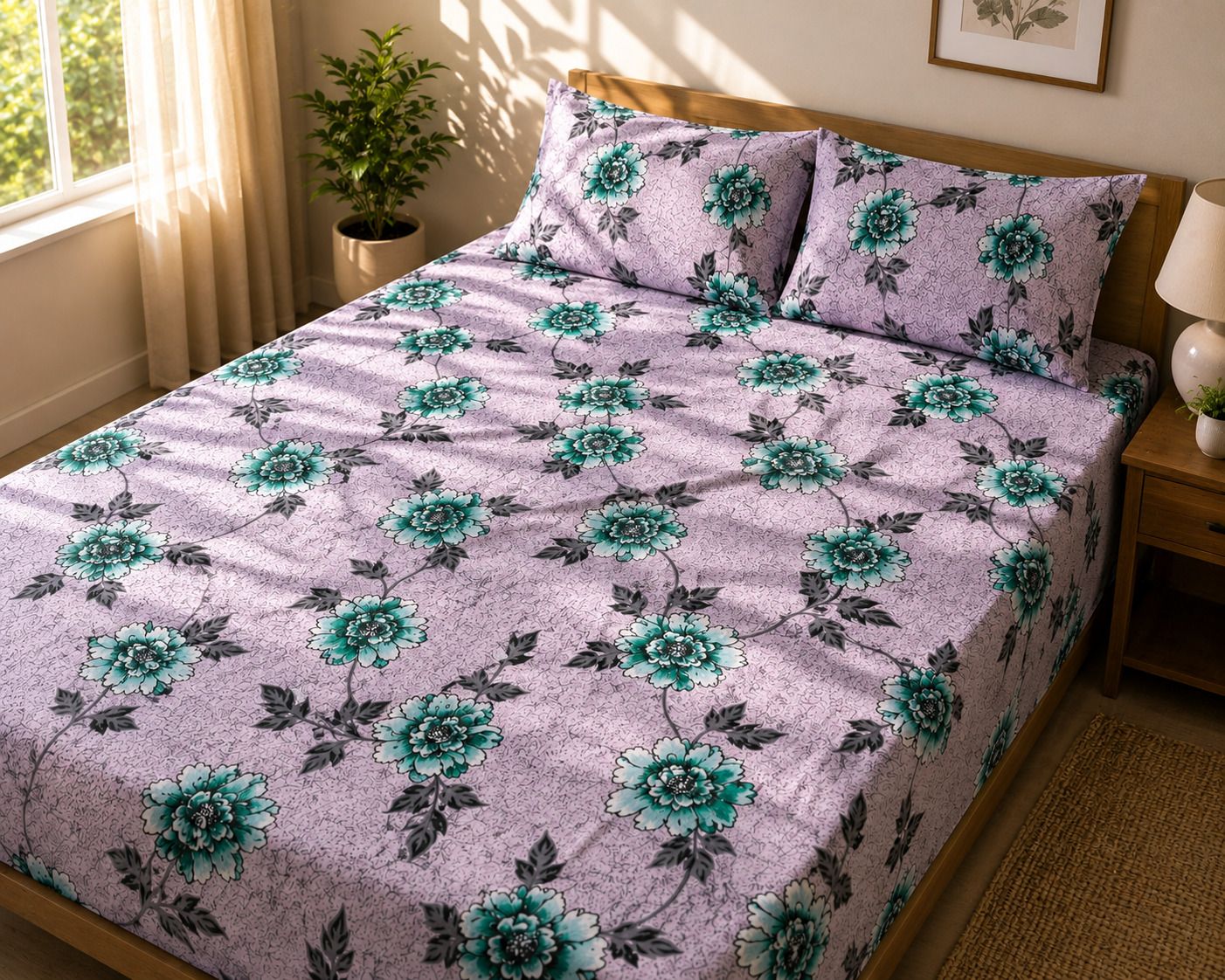 Cotton Double Flat 210 TC Floral 1 Summer Bedsheet with 2 Pillow Covers-image-41