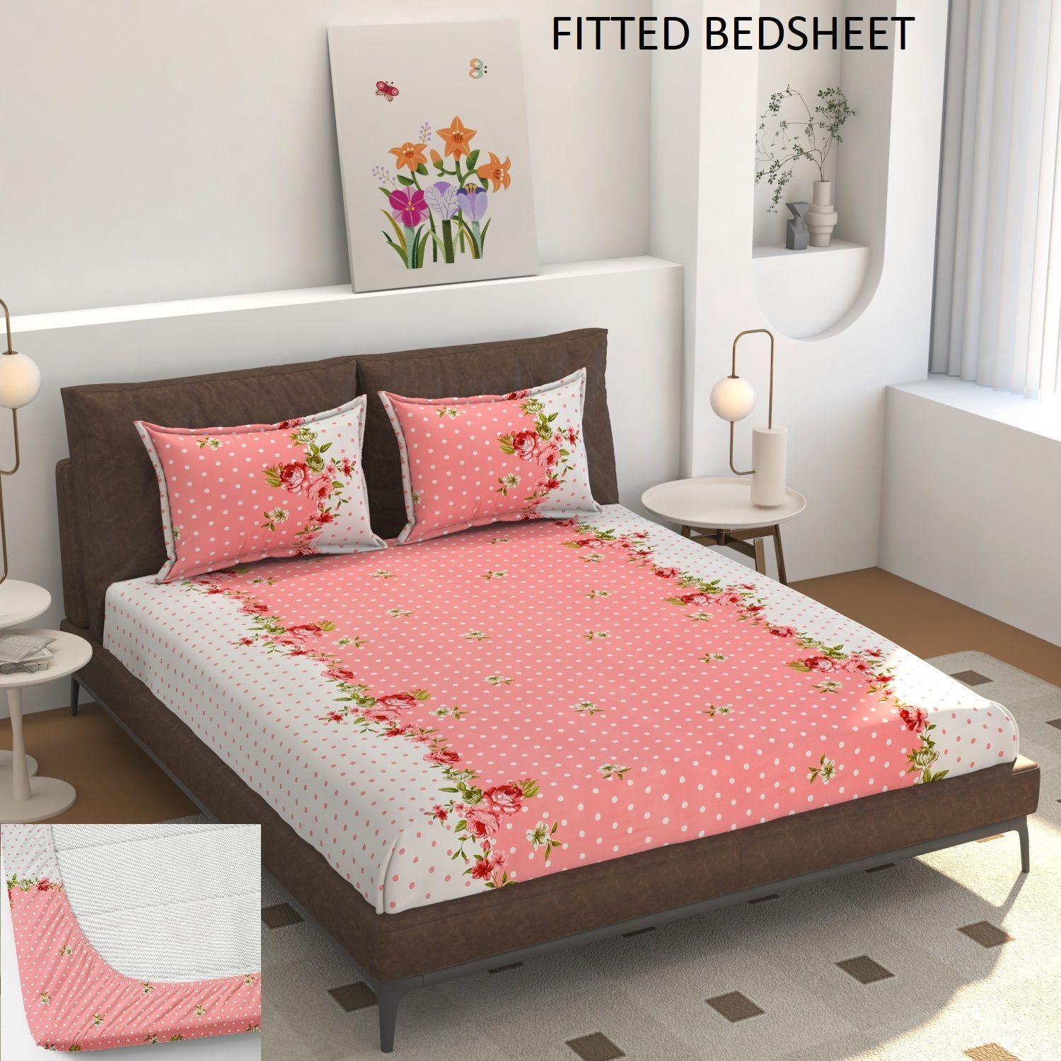 Cotton King Fitted (Elastic) 240 TC Printed 1 Summer Bedsheet with 2 Pillow Covers-image-30