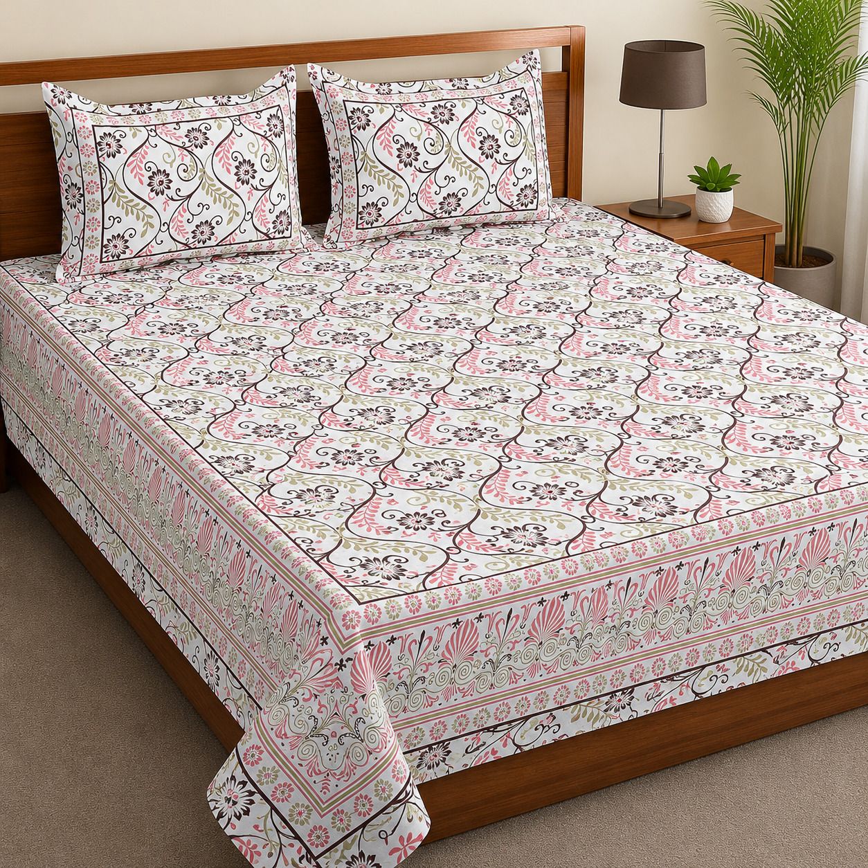 Cotton Double, Queen Flat 120 TC Floral 1 Bedsheet with 2 Pillow Covers-image-37
