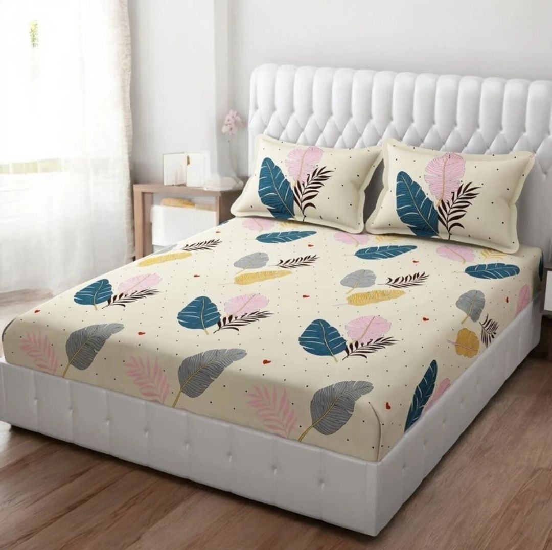 Cotton Blend Double Fitted (Elastic) 300 TC Floral 1 Summer Bedsheet with 2 Pillow Covers-image-18