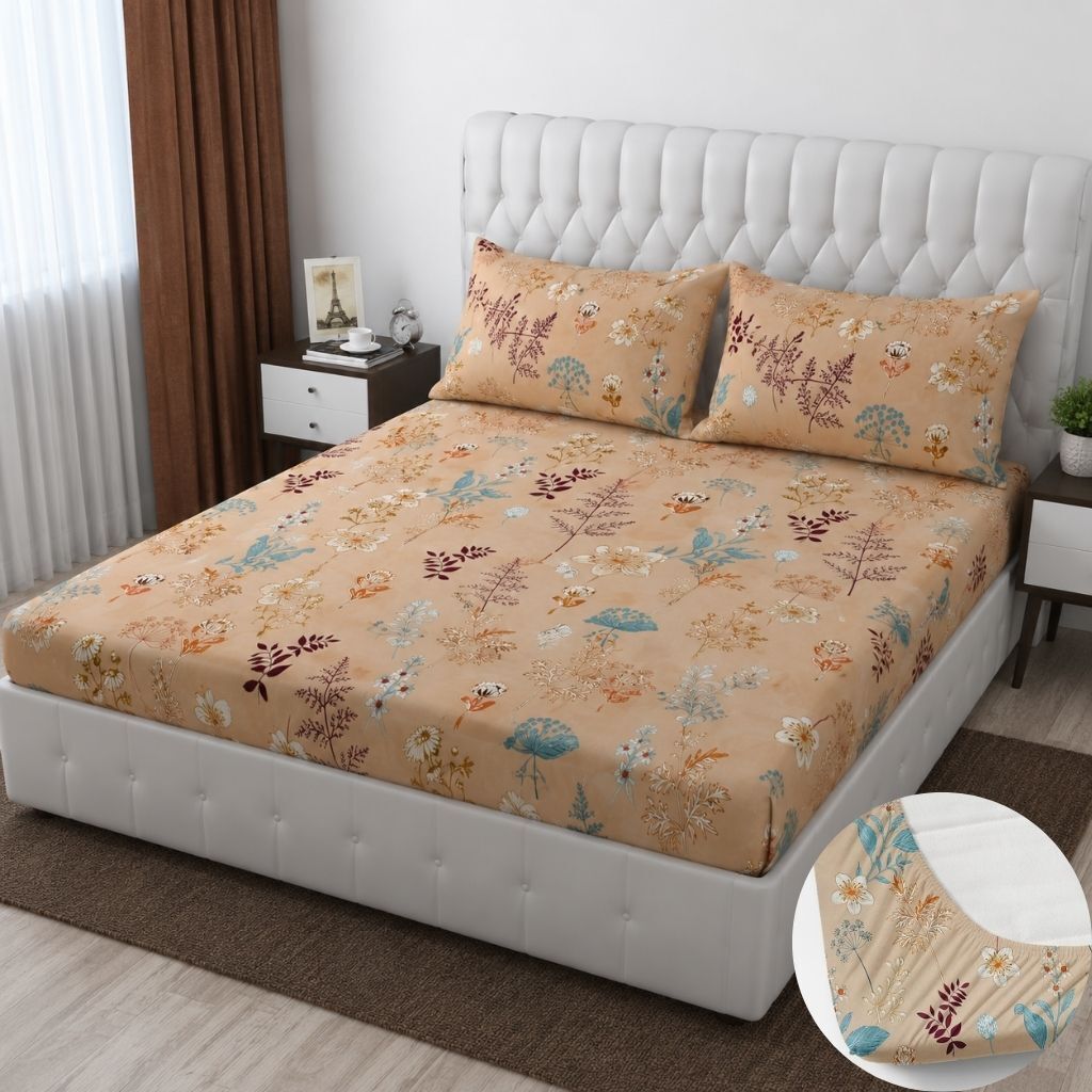 bm decor Cotton King Fitted (Elastic) 244 TC Printed 1 Summer Bedsheet with 2 Pillow Covers-picture-20